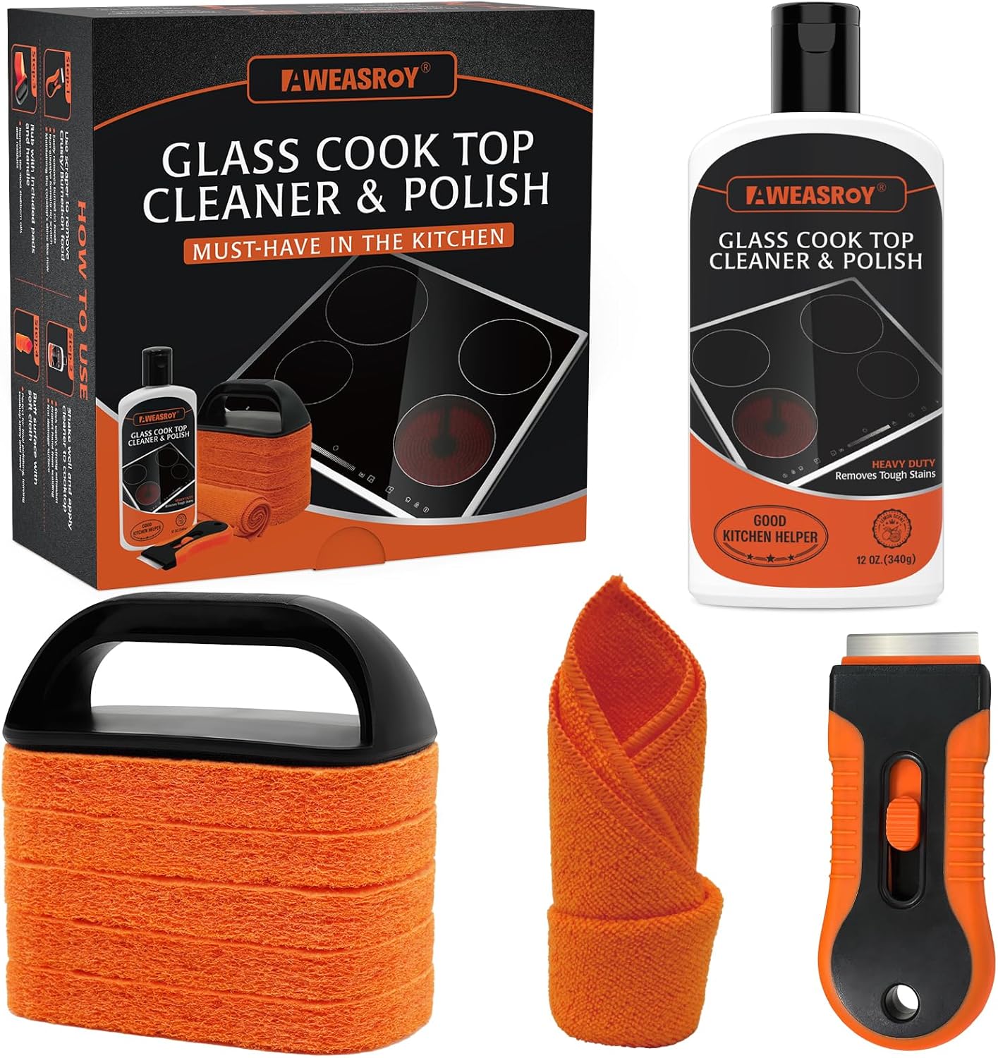 Glass Stove Top Cleaner Kit 12 oz, Cooktop Cleaner and Polish Non-Abrasive No Scratch Removes Tough Stains, with Scrubbing Pad, Handle, Scraper, Cloth