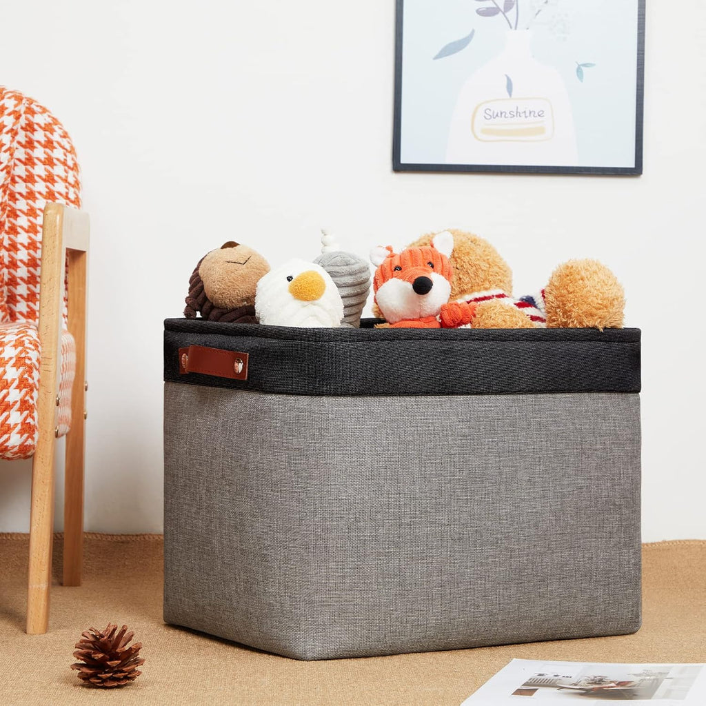 DULLEMELO Storage Bins 16"x12"x12" With Leather Handles for Organizing,Decorative Collapsible Storage Baskets for Shelves Closet Home Office (Black&Grey)