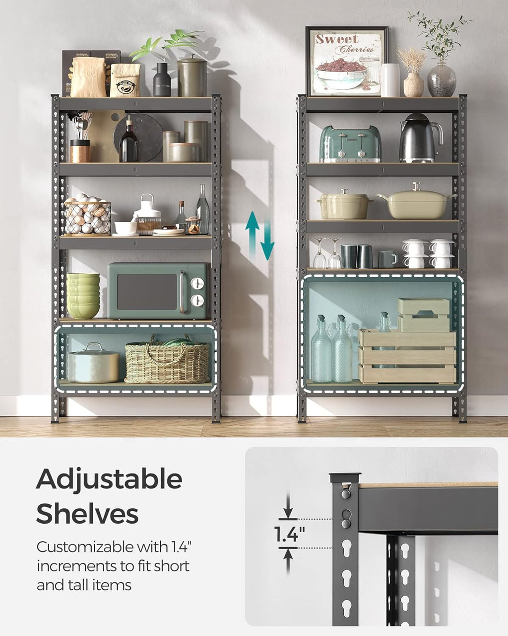SONGMICS 5-Tier Storage Shelves, Load 2310 lb, Set of 2 Garage Storage, Boltless Assembly, Adjustable Shelving Unit, 11.8 x 29.5 x 59.1 Inches, for Study Shed Basement, Gray UGLR300G02