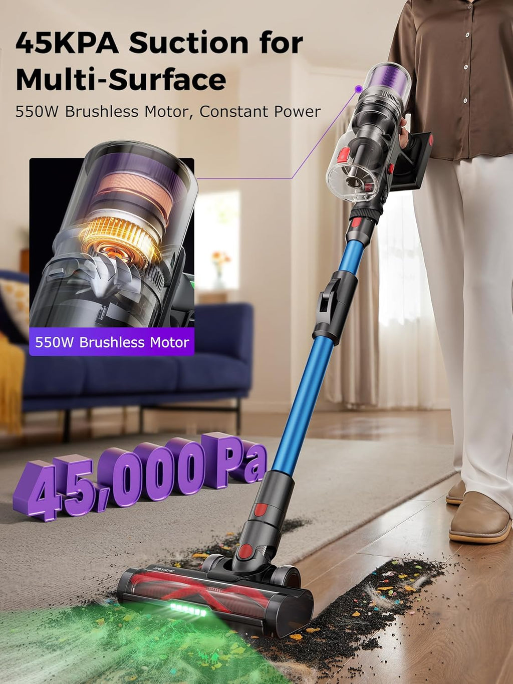 Proscenic Cordless Vacuum Cleaner, 45Kpa 55Mins Runtime, 180°Bendable Wand, Vacuum Cleaners for Home with Green Light, Anti-Tangle Brush, Rechargeable Lightweight Stick Vacuum for Pet Hair, P16(Blue)