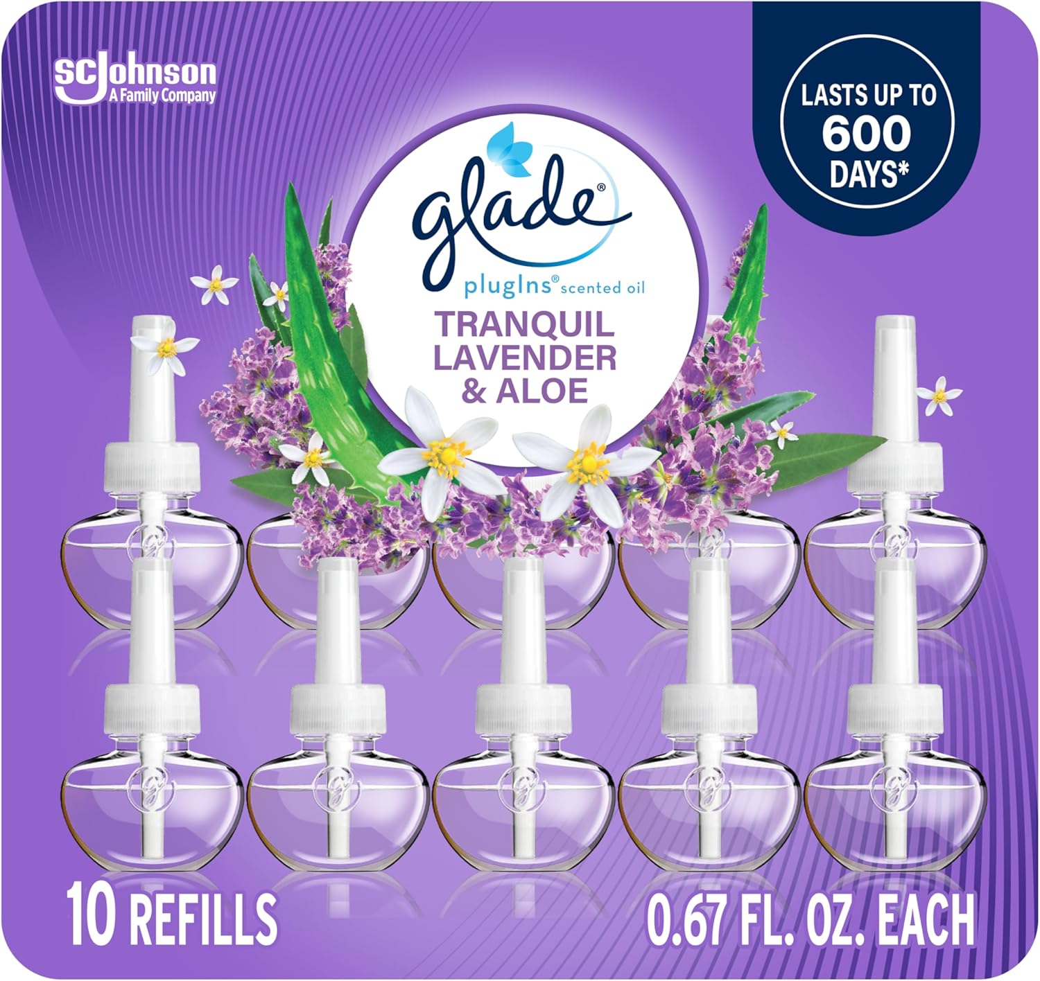 Glade PlugIns Refills Air Freshener, Tranquil Lavender & Aloe, Scented and Essential Oils for Home and Bathroom, 0.67 Fl Oz, 10 Count