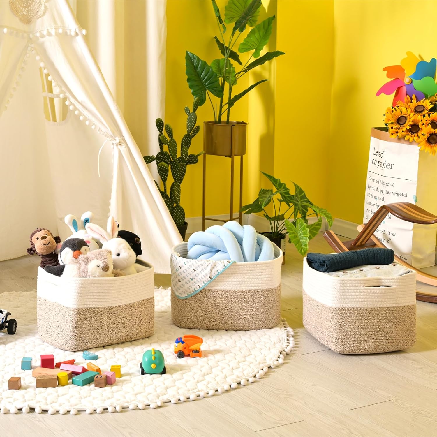 Storage Baskets for Organizing, Woven Cotton Rope Basket for Storage Books, Baby Organizing Baskets, Toy Storage Basket, 15"x11"x9.5", 3 Packs, Off White & Brown