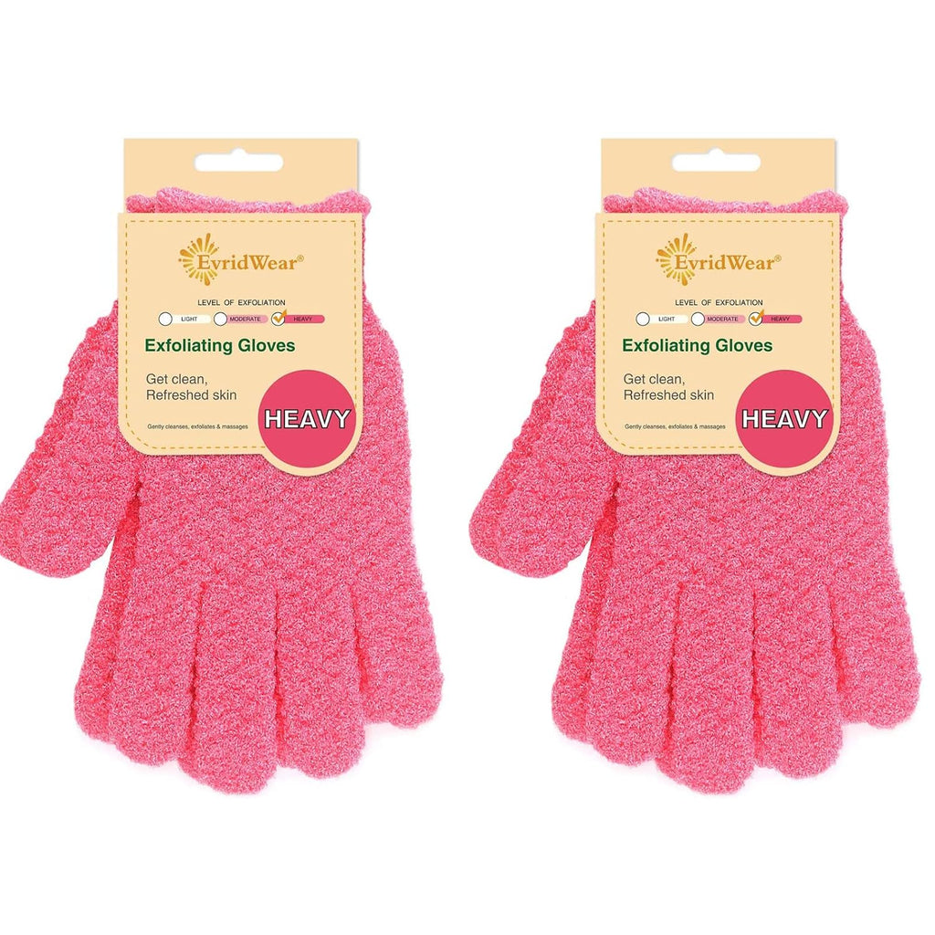 Evridwear Exfoliating Gloves for Shower, 100% Nylon Thick Soft Medium Heavy Bathing Gloves Dead Skin Remover Body Scrubber Smooth Skin with Hang Loop, 2 Pairs Heavy Hot Pink