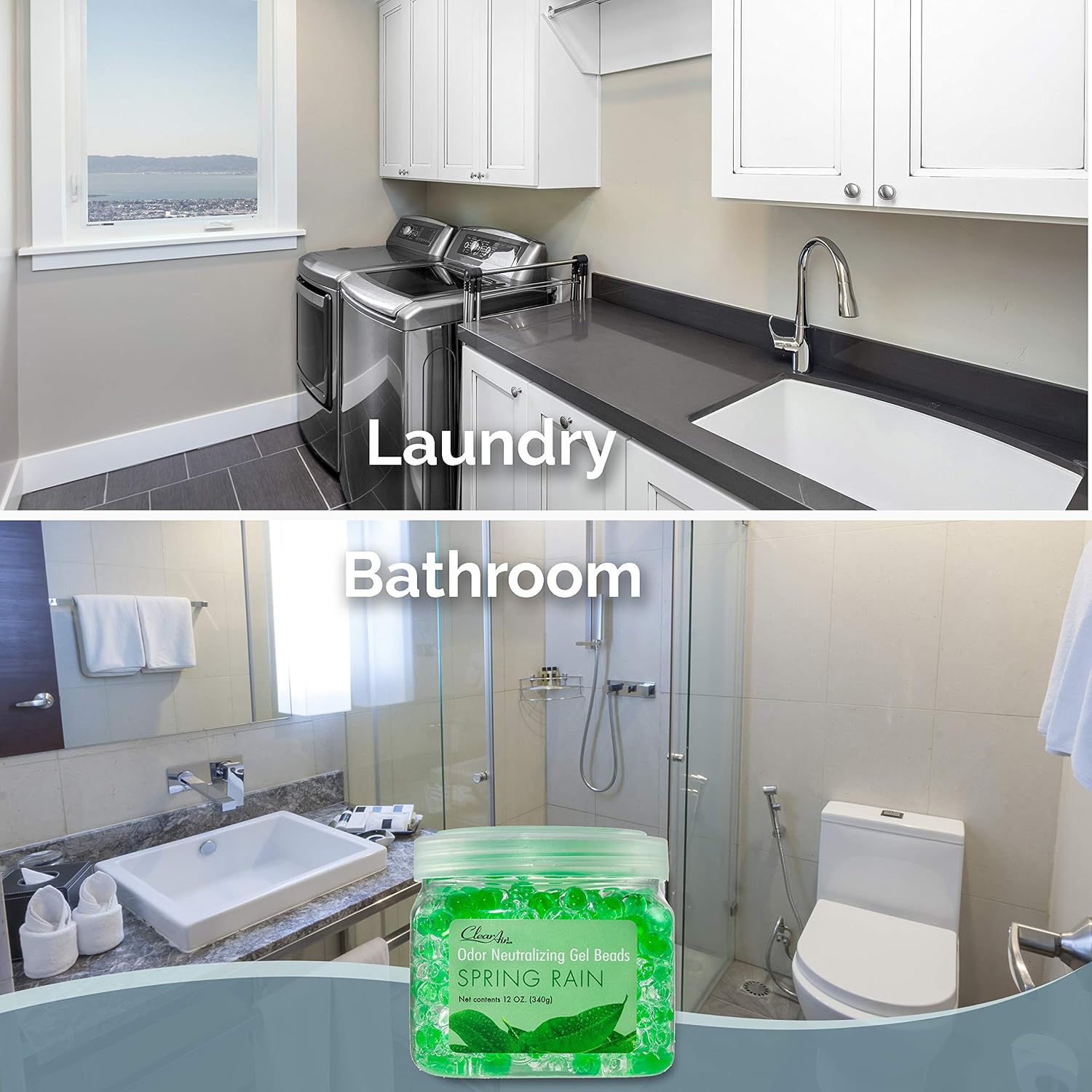 Clear Air Odor Eliminator Gel Beads - 12 oz, Pack of 2 - Air Freshener Made with Essential Oils - Eliminates Odors in Bathrooms, Cars, Boats, RVs & Pet Areas - Spring Rain Scent