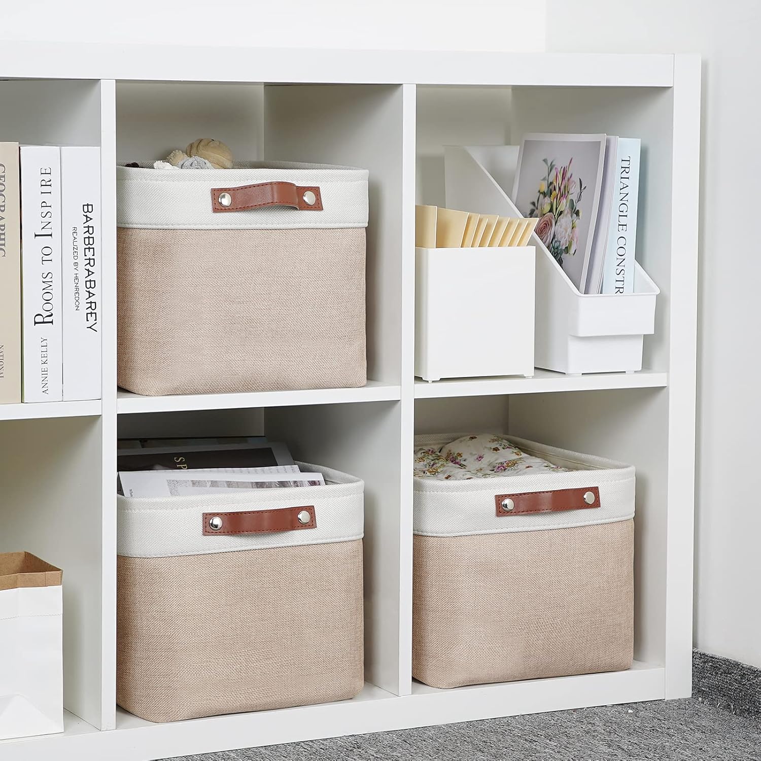 DULLEMELO Fabric Storage Bins, Storage Baskets for Organizing, Collapsible Rectangular Fabric Baskets for Shelves, Empty Gift Baskets (3-Pack Medium-15 inch X 11 inch X 9.5 inch , White&Khaki)