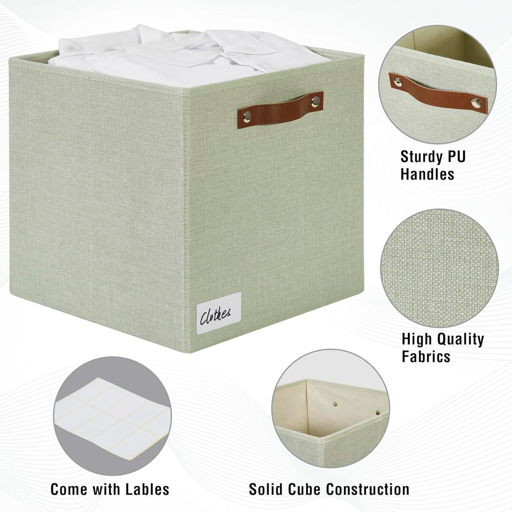 Collapsible Fabric Storage Cube Bins with 2 Reinforced PU Handles, Foldable Storage Organizer Baskets for Closet, Shelves, Living Room | 13"x13"x13", 4 Pack, Sage Green