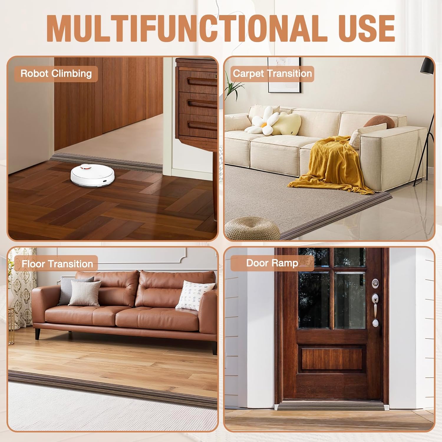 Floor Transition Strip Self Adhesive Vinyl Door Threshold for Doorways Carpet Edging Trim Overlap Edge Reducer for Laminate Floor, Carpet, Tile (Smoked Brown Wood Grain, 1/5" to 2/5", 3.3Ft)