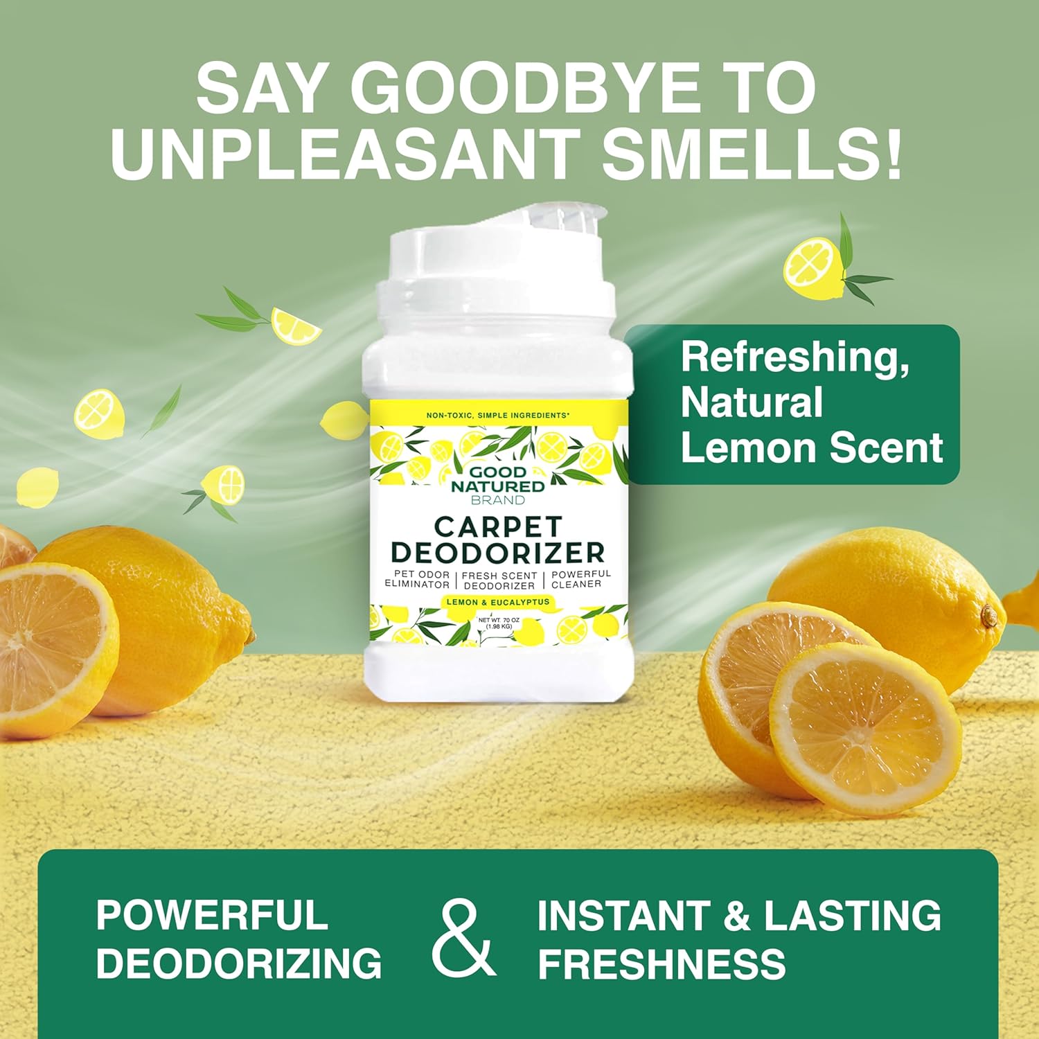 Good Natured Brand | Carpet Deodorizer & Freshener Powder | 70 oz Pet Odor Eliminator for Strong Odor & Pet Urine | Fresh Natural Lemon & Eucalyptus Scent | Safe for Homes with Pets