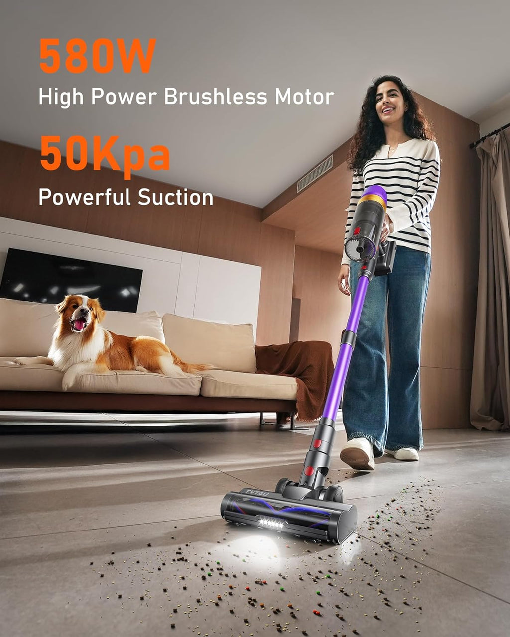 Cordless Vacuum Cleaner, 580W 50KPA 70Mins Upgraded Stick Vacuum Cleaners for Home, Wireless Vacumm with Self-Standing and Touch Screen, Anti-Tangle Brush for Hardwood Floor/Carpet/Pet Hair