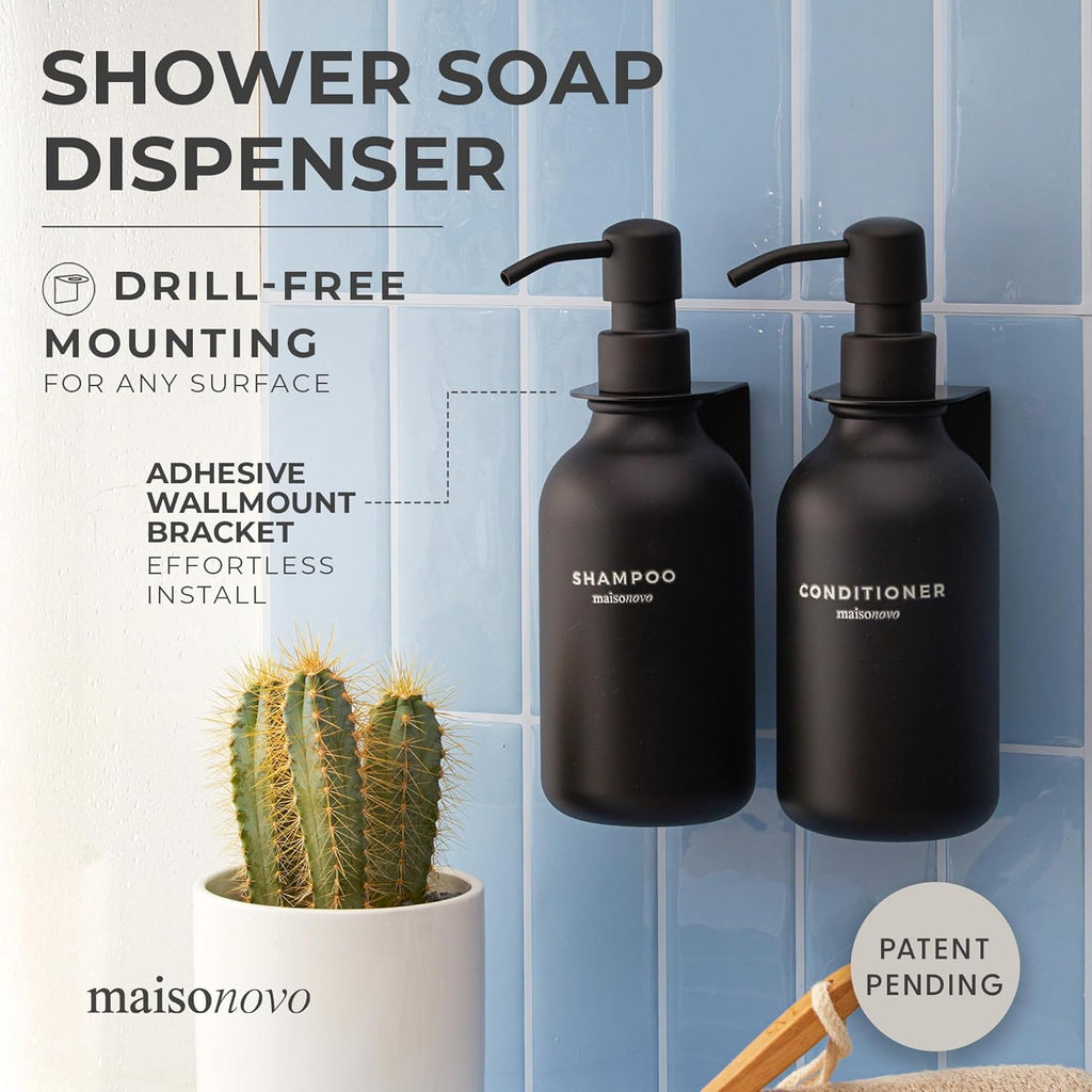 MaisoNovo Shampoo and Conditioner Dispenser - Shower Soap Dispenser Wall Mounted - 16.9 fl oz Set of 2 Black Plastic Bottles Black Pumps - 2 Chamber No Drill