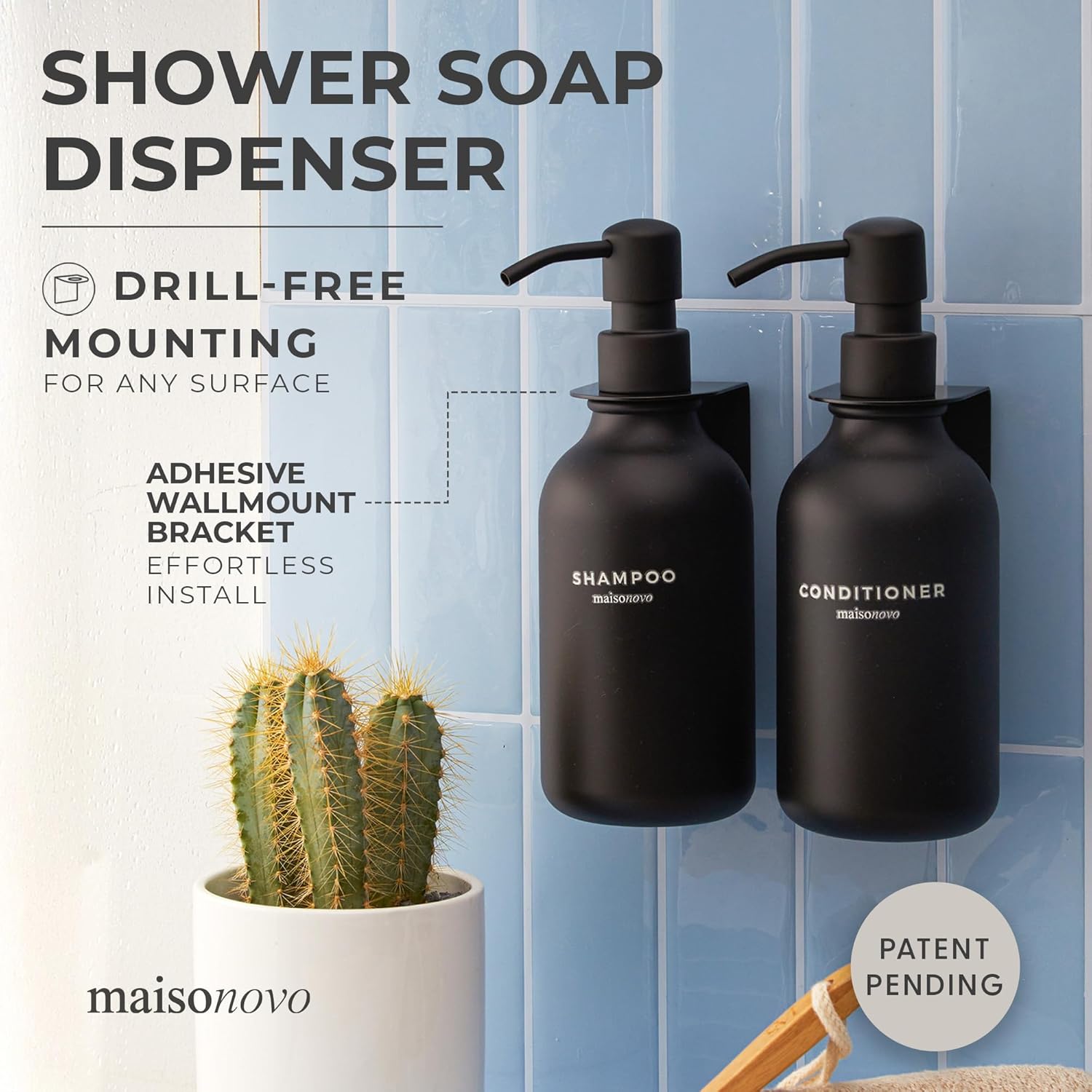 MaisoNovo Shampoo and Conditioner Dispenser - Shower Soap Dispenser Wall Mounted - 16.9 fl oz Set of 2 Black Plastic Bottles Black Pumps - 2 Chamber No Drill
