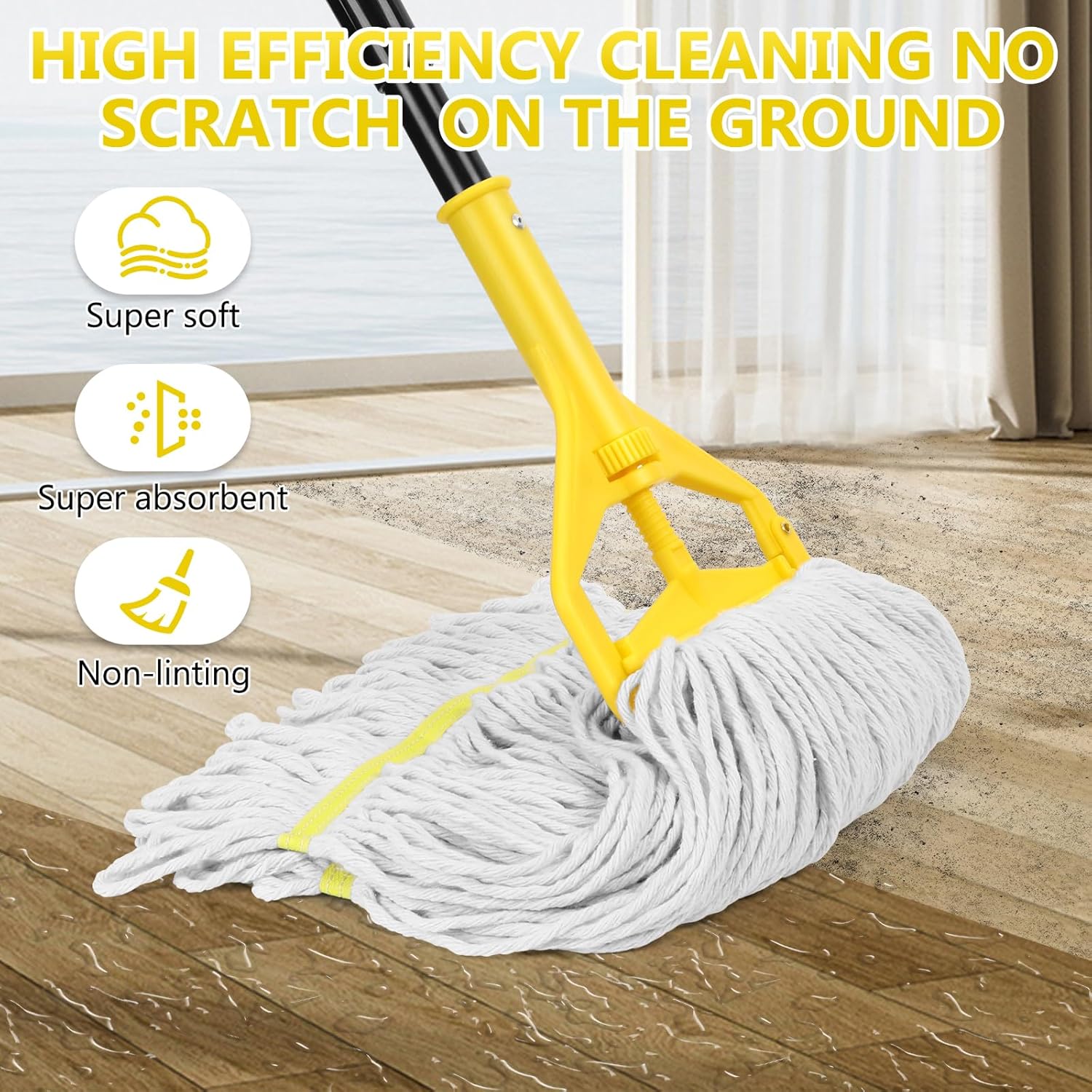 Beyoco Heavy Duty Commercial Mop Industrial Cotton Mop with Long Handle,Looped-End String Wet Mops for Home,Garage,Office, Workshop, Warehouse Floor Cleaning, 2 Pack,Yellow