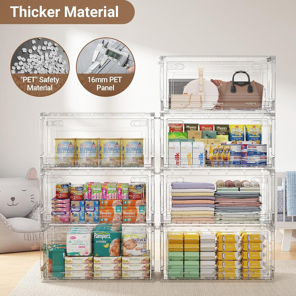 BROVIEW Clear Stackable Storage Bins Drawers, Open Front Large Plastic Storage Bins with Lids, Foldable Closet Organizers and Storage for Wardrobe Cabinets, Pantry, Makeup,5 Pack