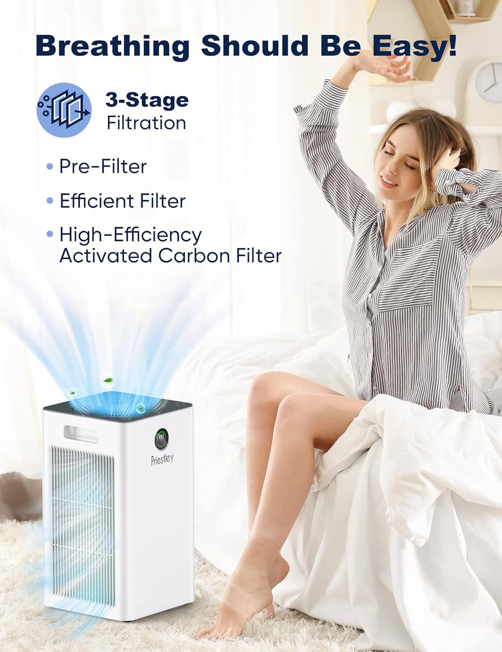 Priestley Air Purifiers for Home Large Room up to 1500 sq ft, Smart Control Air Purifier, True HEPA Filter Air Cleaner Removes 99.97% of Particles, Dust, Allergies Pets Odor, 22dB Quiet Sleep Mode