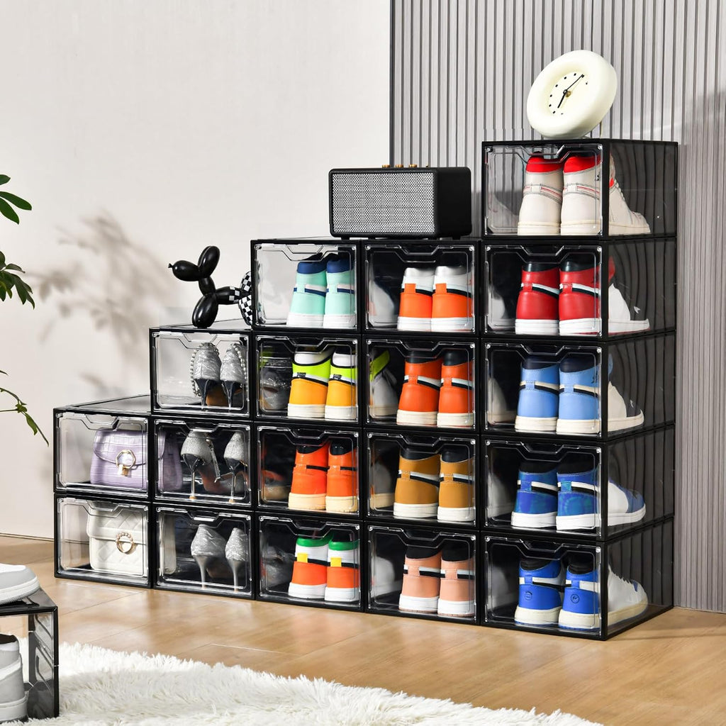 12 Pack Stackable Shoe Storage Organizer with Magnetic Door, Shoe Boxes Clear Black Plastic for Closet, Shoe Rack for Sneaker Boot Container, Shoe Cabinet Fit up to US Size 12