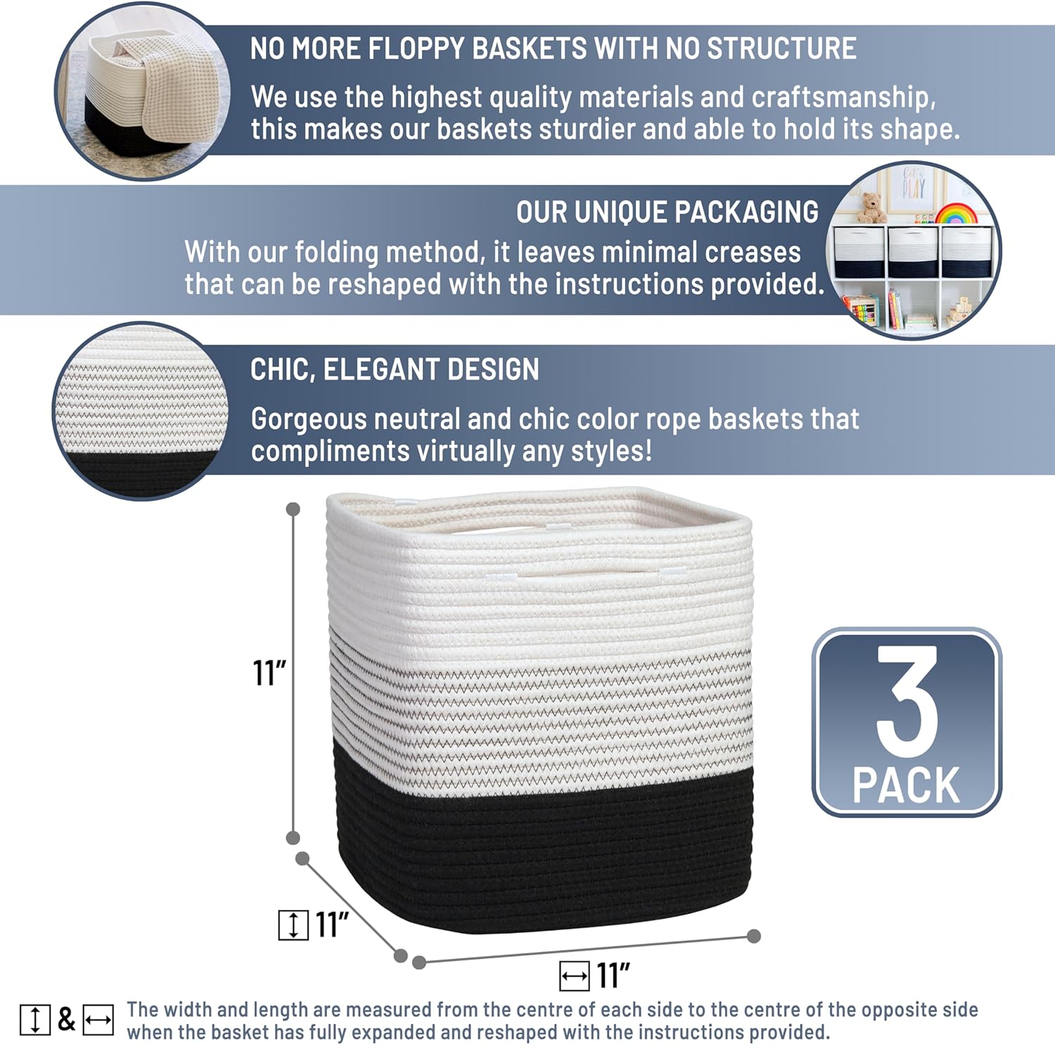 NaturalCozy Storage Cubes 11 Inch Cotton Rope Woven Baskets for Organizing, 3-Pack | Cube Storage Bin | Square Storage Baskets for Shelves Organizer, Classroom, Kids Toy Bins, Closet, Baby Nursery