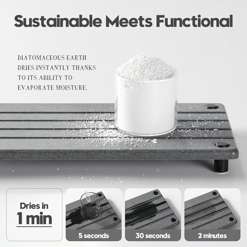 Instant Dry Sink Caddy Kitchen Sink Organizer, Quick Drying Stone Tray Diatomite Sponge Holder Soap Dish, Bathroom Countertop Fast Dry Water Absorbing Vanity Rack, Dark Gray,12" x 5"