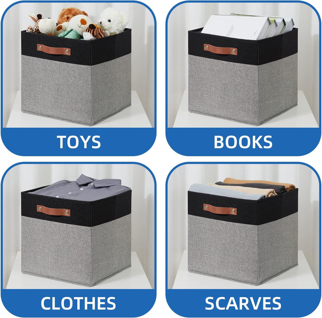 Temary 13 x 13 Storage Cubes Foldable Storage Cubes 4 Pack Canvas Storage Bin for Home, Square Storage Baskets with Leather Handles (Black&Grey)