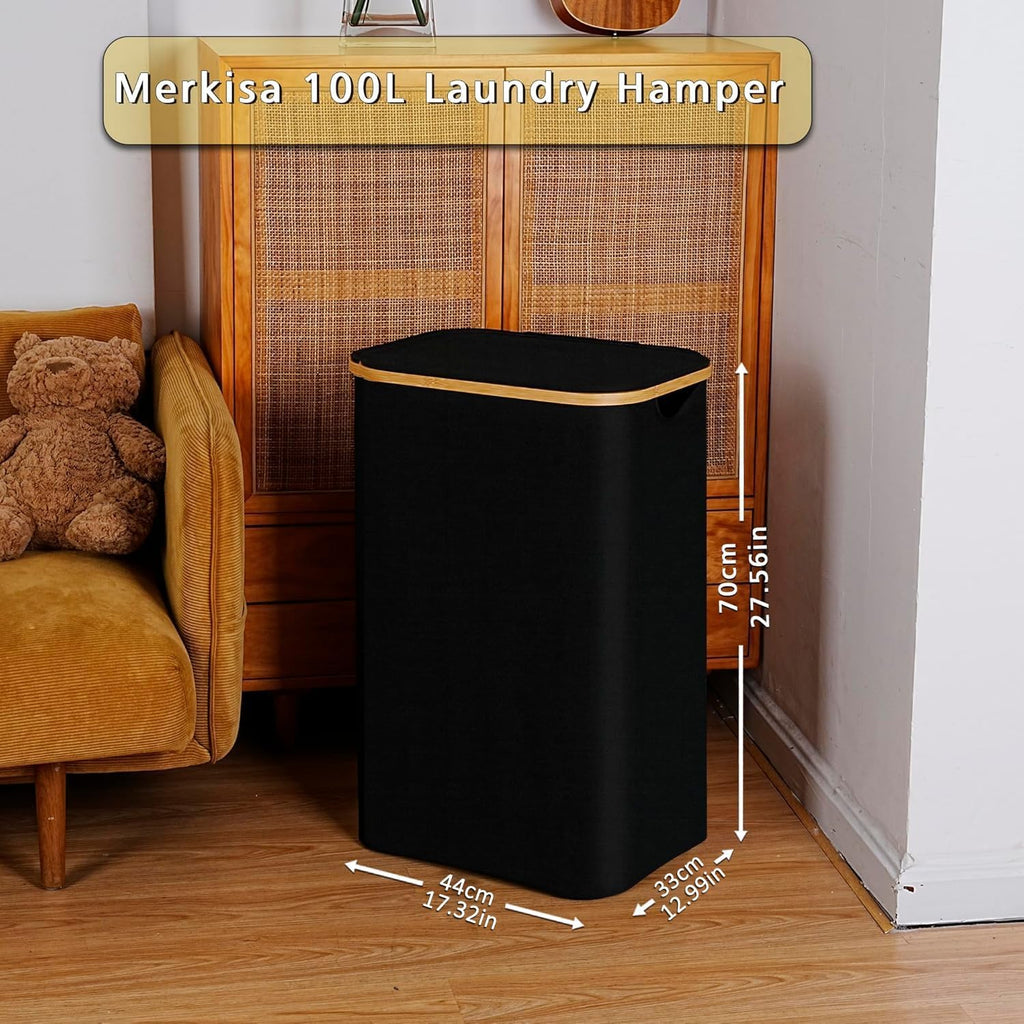 100L Laundry Hamper with Lid, Lagre Basket with Bamboo Handles,Foldable Clothes Hamper Tall Dirty Laundry Basket for Clothes Toys Towels Organizing,Black
