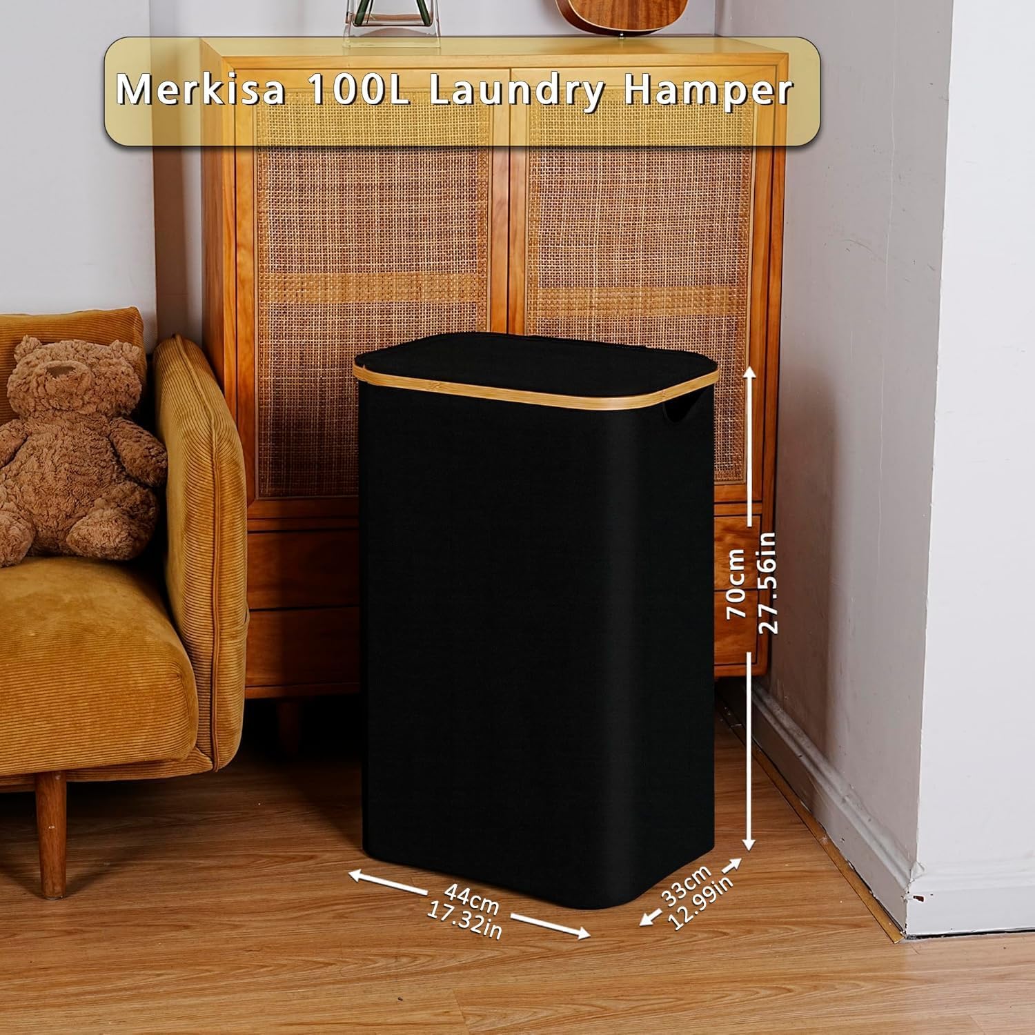 100L Laundry Hamper with Lid, Lagre Basket with Bamboo Handles,Foldable Clothes Hamper Tall Dirty Laundry Basket for Clothes Toys Towels Organizing,Black
