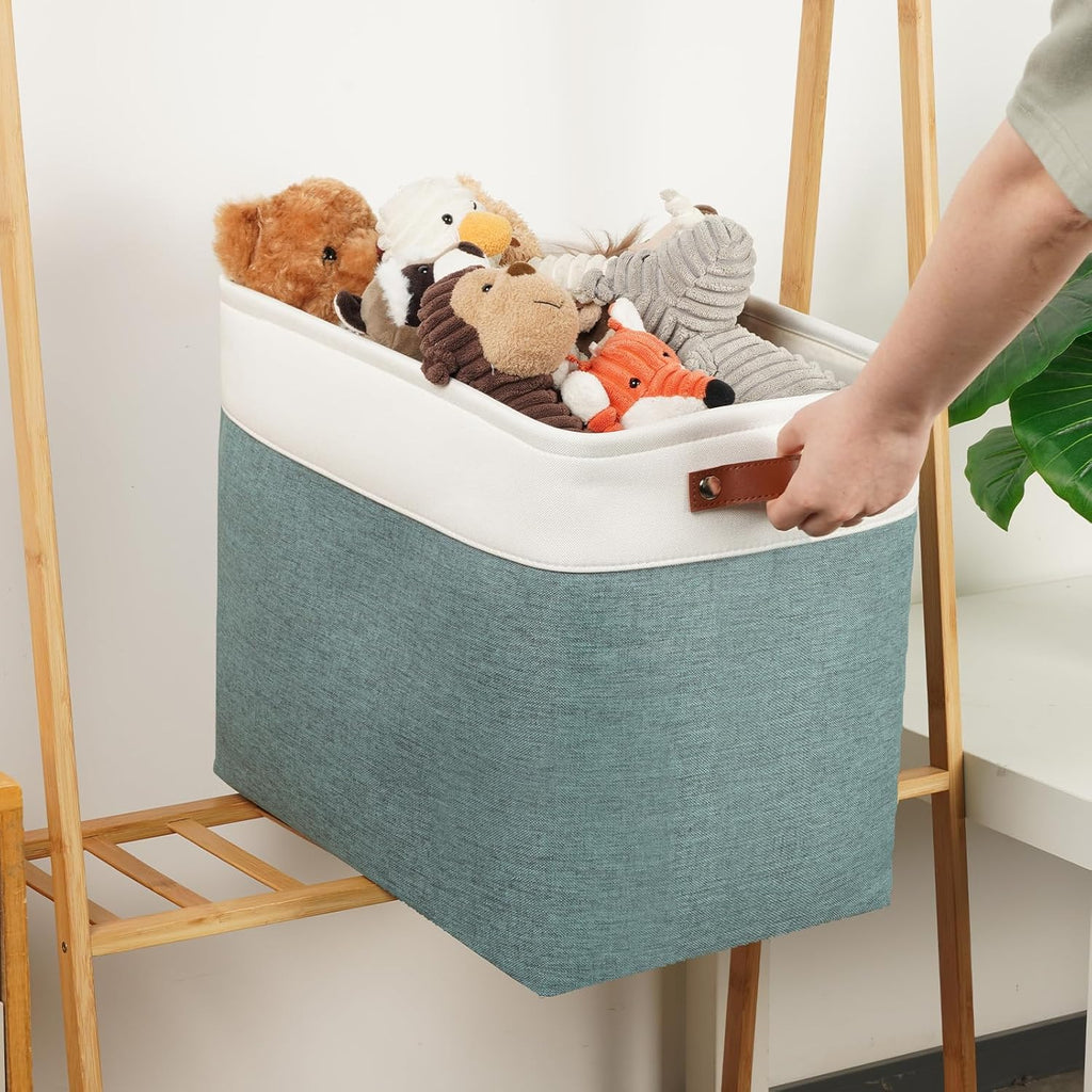 DULLEMELO Large Rectangular Baskets for Blankets 51L Canvas Storage Baskets for Organizing 3 Pack Collapsible Baskets Bins for Organizing Home Office with Handles (White&Deep Green)