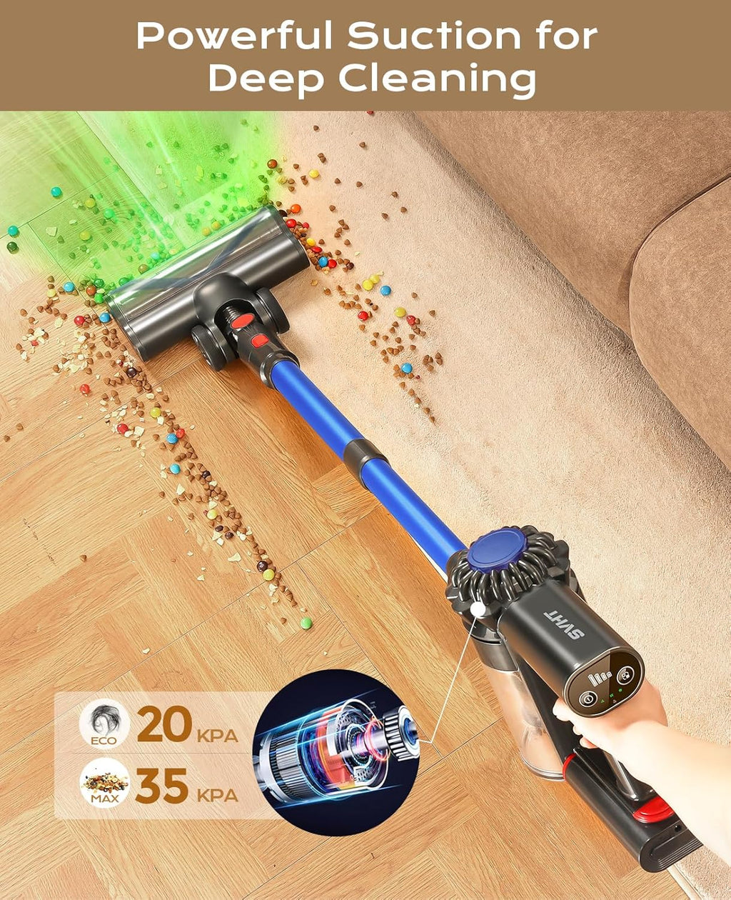 V15 Cordless Vacuum Cleaner, 45Mins Powerful Vacuum Cleaners for Home, Lightweight Stick Vacuum with Advanced Green Light Tech, Rechargeable Battery Vacuum for Carpet,Pet Hair,Hardwood Floor