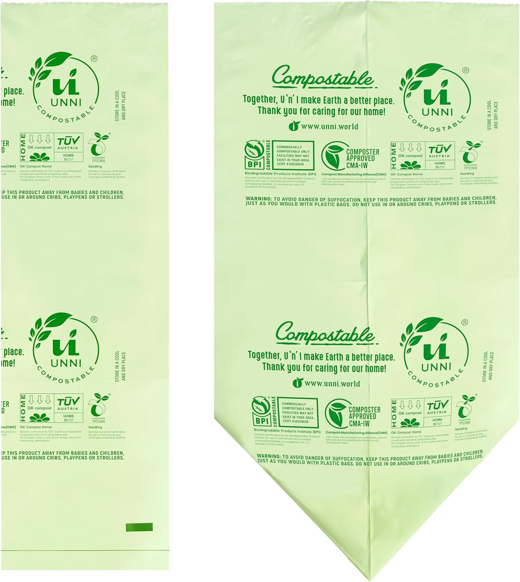 UNNI Compostable Trash Bags, 8 Gallon / 30 Liter, 400 Count Value Pack, Extra Thick 0.85 mil Medium Kitchen Food Scrap Bin Liners, BPI, CMA & OK compost HOME Certified, Meets ASTM D6400
