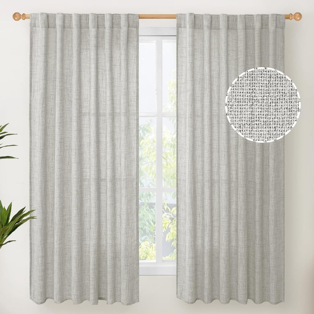 YoungsTex Light Grey Linen Curtains 63 Inches Length 2 Panels for Living Room - Textured Semi Sheer Drapes with Rod Pocket Back Tab Light Filtering for Bathroom Bedroom, 52 X 63 Inch