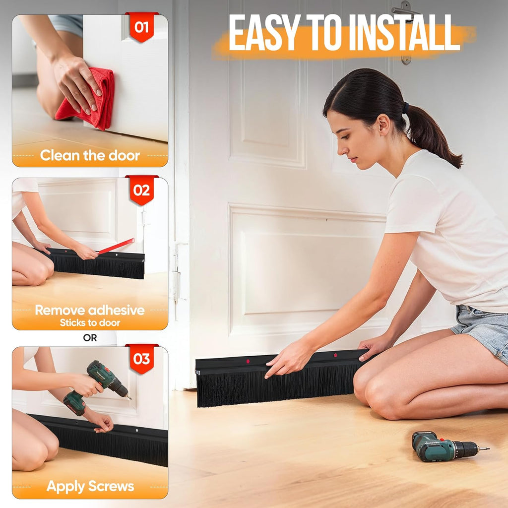 Premium 2 Pack Door Sweep for Bottom – Metal Gap Filler Draft Blocker, Weather Stripping Threshold Seal, Brush Weather Storm Soundproofing Rodent Guard Excluder Strip, Rain Drip Draft Stopper