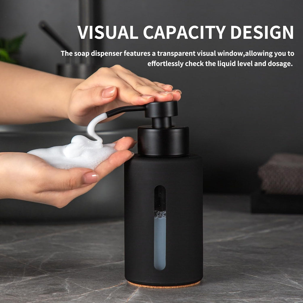 Enra Foaming Soap Dispenser with Window,12oz Bathroom Hand Soap Dispenser with Stainless Steel Foam Pump, Modern Thick Glass Refillable Bottle for Bathroom Kitchen (Black Foam Dispenser)