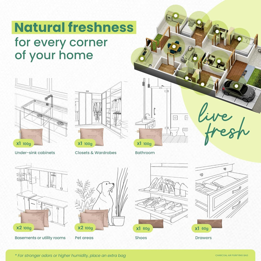 Roonin Activated Charcoal Odor Absorber - Bamboo Charcoal Air Purifying Bag - Activated Charcoal Bags Odor Absorber Packets - Home Deodorizer Odor Eliminator (6-pack)