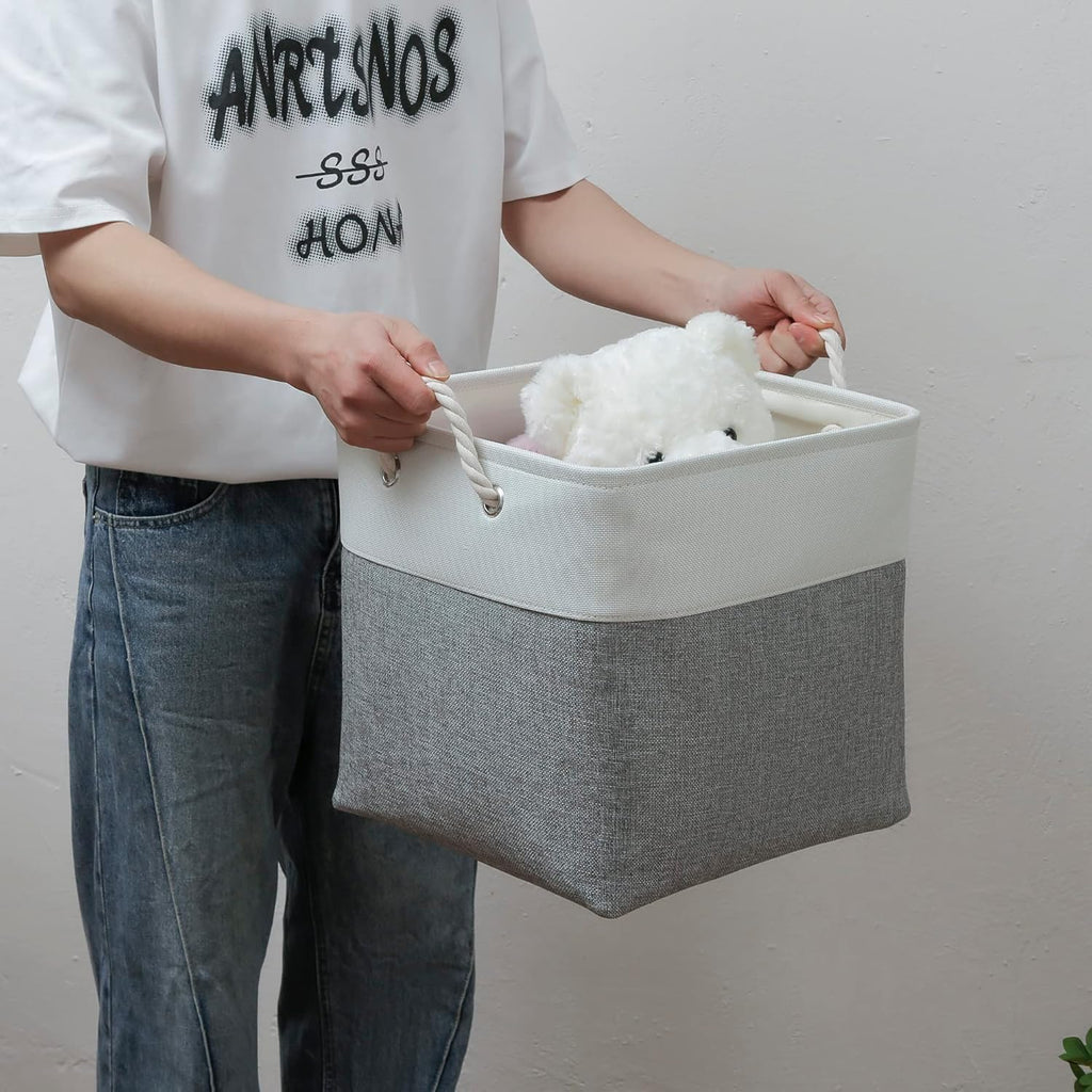 13 x 13 Inch Cube Storage Bins, 4 Pack Large Collapsible Fabric Storage Bin with Ropes, Foldable Storage Cubes for Home, Office,Closet, Clothes, Toys Organizer (White & Grey)