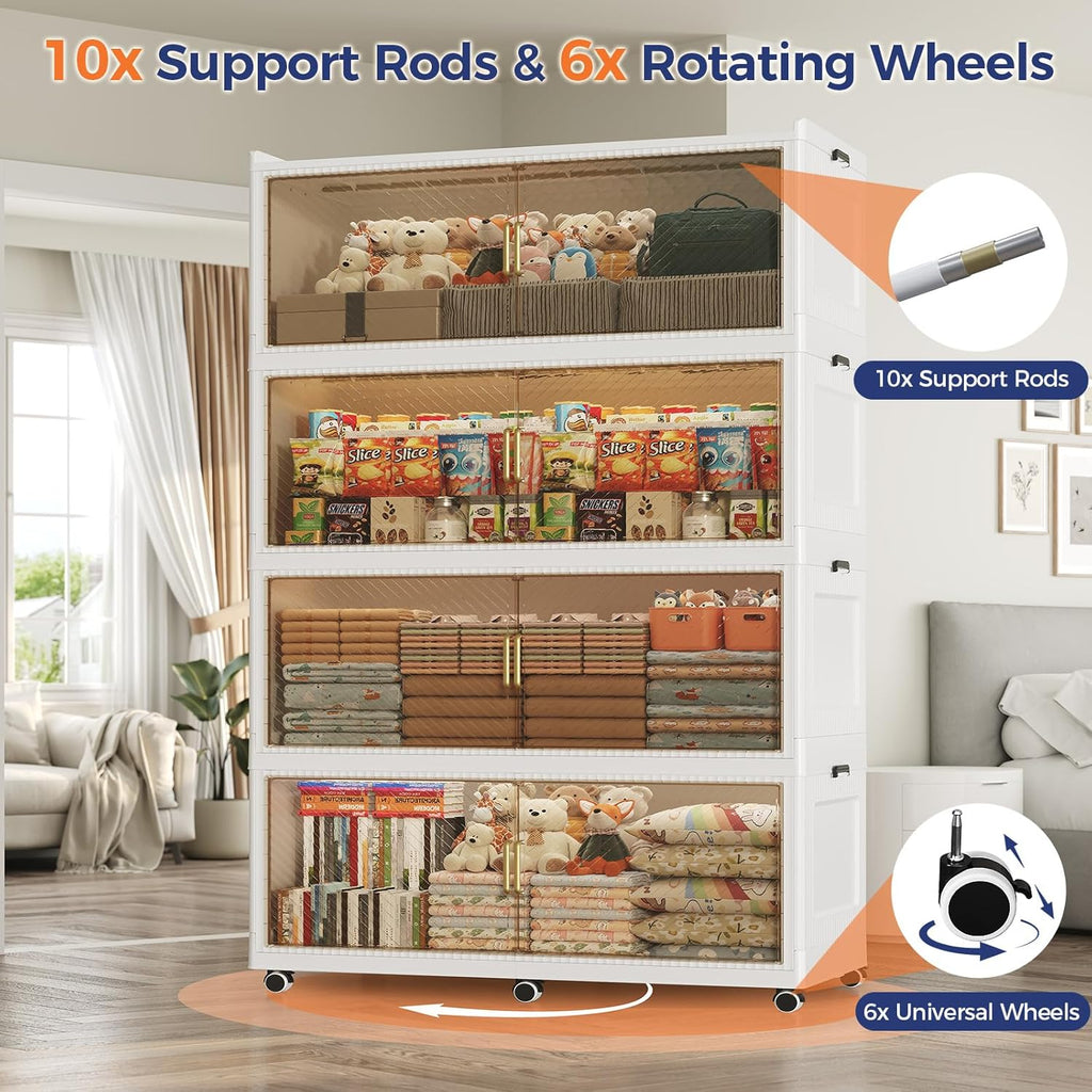 320GAL Extra Large Storage Bins with Lid, 1280QT Collapsible Organizer with Wheels, Stackable Closet Cabinet with Doors, Folding Storage Containers for Home, Office, Dorm, 3Pack White