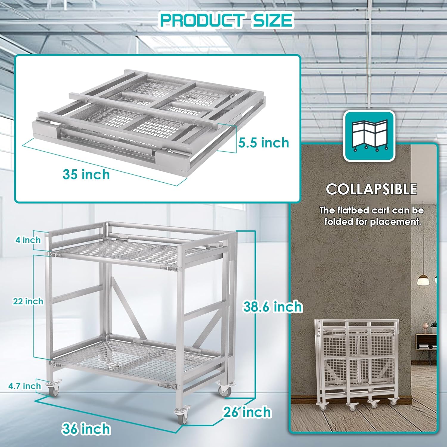 2 Shelf Rolling Cart with Wheels, 660lbs Capacity Collapsible Steel Rolling Utility Cart, Heavy-Duty Foldable Hand Truck, Metal Storage Carts with Handle for Groceries, Warehouse (36" Lx26 W)