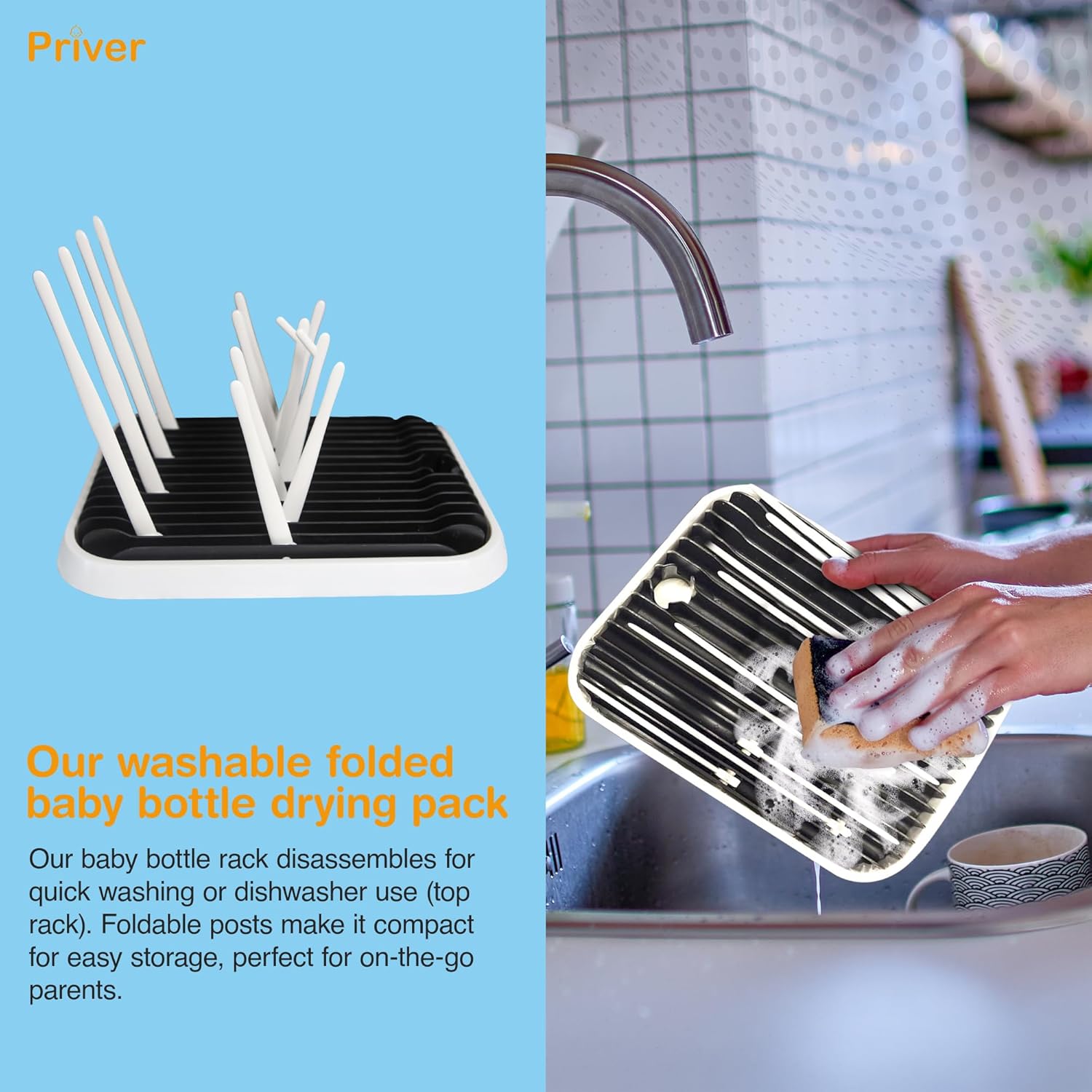 Priver - Baby Bottle Drying Rack with Tray - Space-Saving Drying Rack for Baby Bottles, Cups, Pump Parts - High Capacity Bottle Dryer - Travel Essentials - Newborn Essentials Must-Haves, White