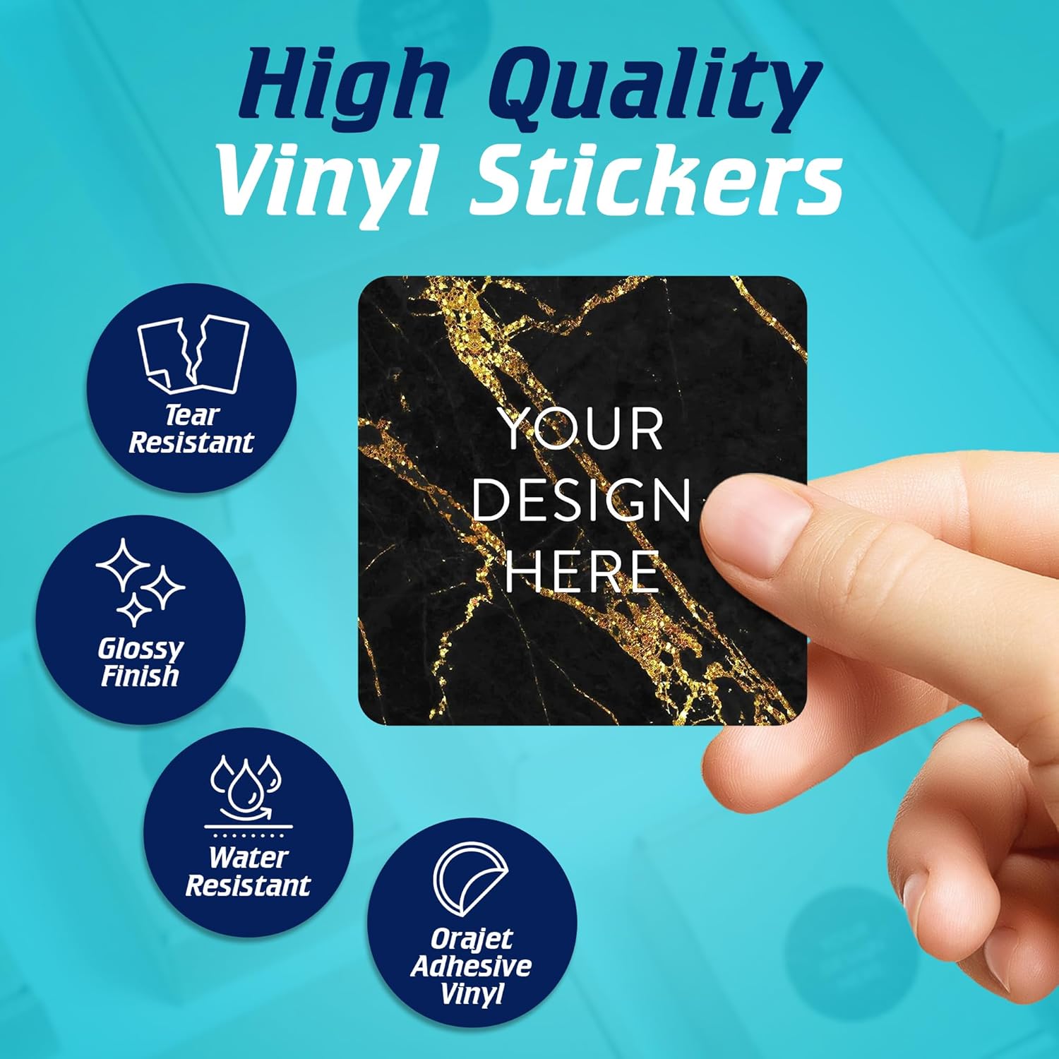 100 Custom Vinyl Stickers - Upload Your own Image, Text, Design, Logo - Personalized Logo Labels for Handmade, Packaging, Bottle, Jars, Candle, Brand Stickers (Black Gold Marble, 2x2 Square)