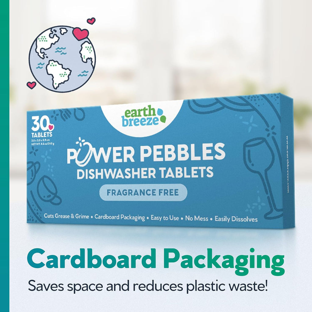 Earth Breeze Power Pebbles Dishwasher Tablets, Tough on Grease, Gentle on Dishes, Fragrance Free Dish Detergent & Dishwasher Cleaner, Kitchen Cleaning Supplies for Sparkling Results, 90 Tabs (3-Pack)