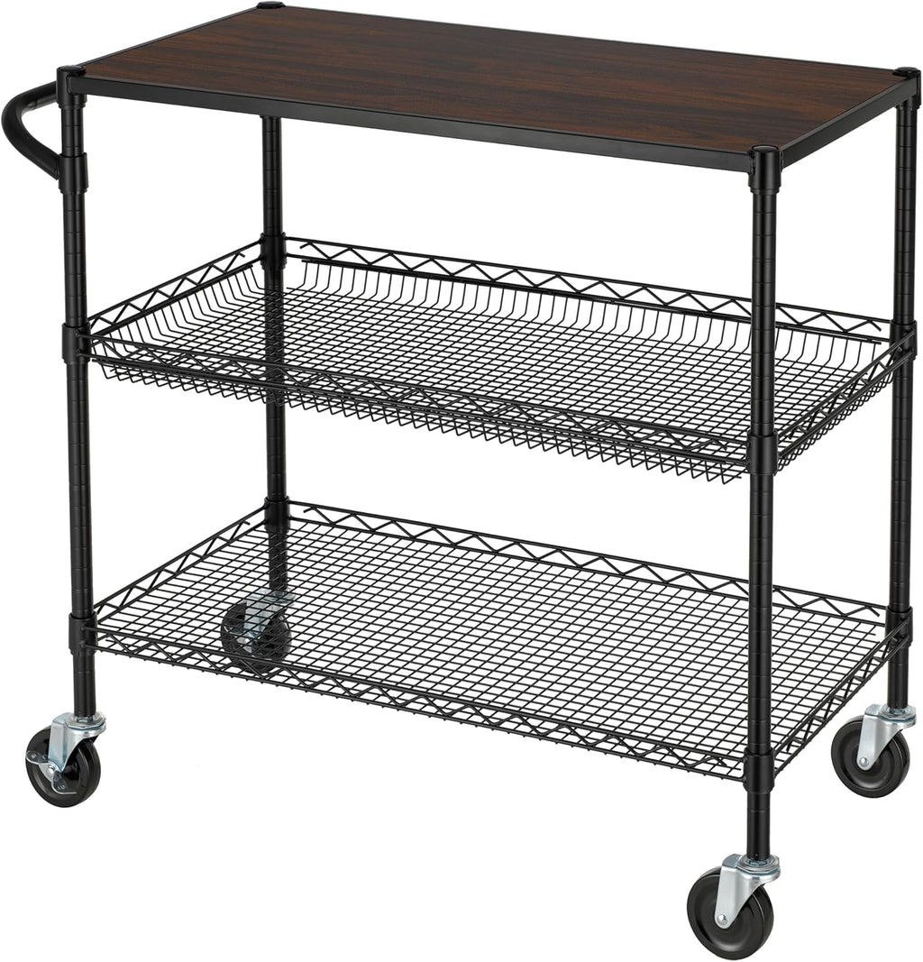 Finnhomy 3 Tier Heavy Duty Commercial Grade Utility Cart with Wood Top, Wire Rolling Cart with Wheels and Handle Bar, Kitchen Carts on Wheels, 18x36x35.4 H Metal Cart with 600 LBS Capacity, Black