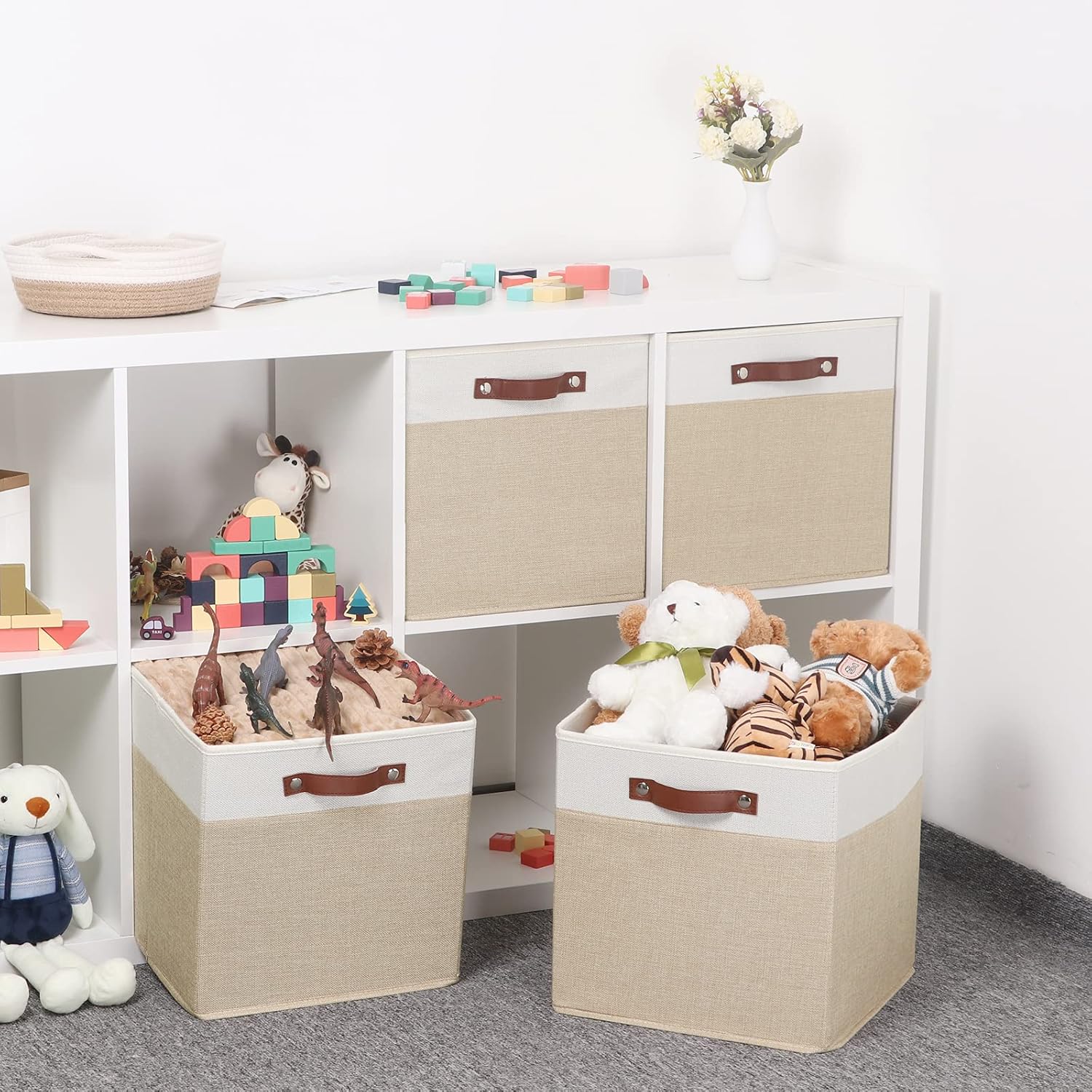 Temary Cube Storage Bins 13 Inch Fabric Storage Cubes Storage Baskets for Shelves Closet Baskets for Cube Storage with Leather Handles, Cloth Organizer Bins for Home