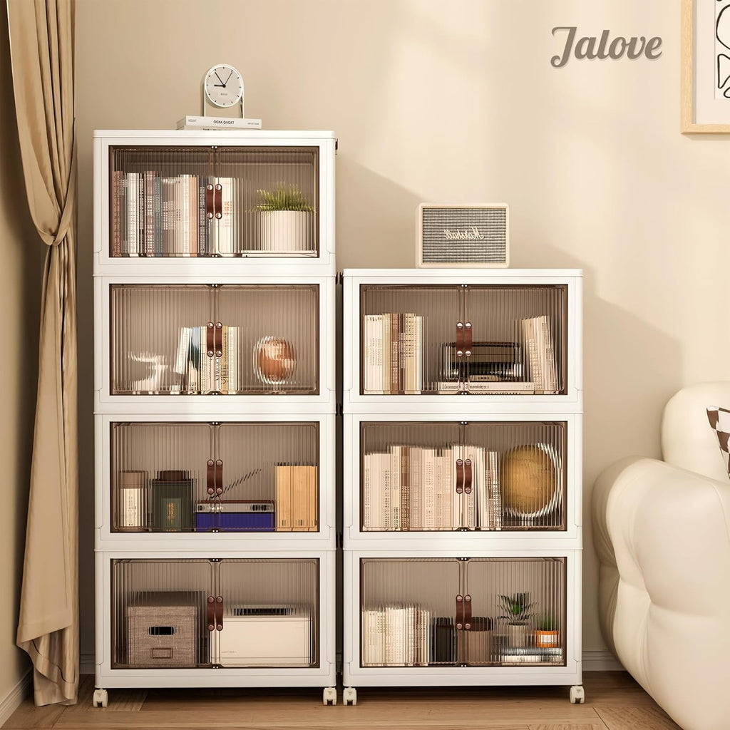 Jalove 50QT Plastic Storage Bins with lids, Stackable Collapsible Storage Containers with Wheels, Closet Organizer and Storage Drawers, Clothes Storage Cabinet for Home Office Garage, 1 Pack White