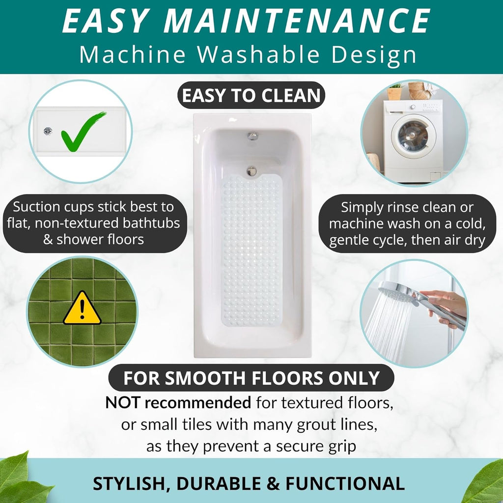 ENKOSI Bath Mat – 40 x 16 Inch Non-Slip Shower Mat for Bath Tub & Shower with Strong Suction Cups – Anti Slip Large Bathtub Mat with Drain Holes – for Smooth Floors Only (40x16 White)