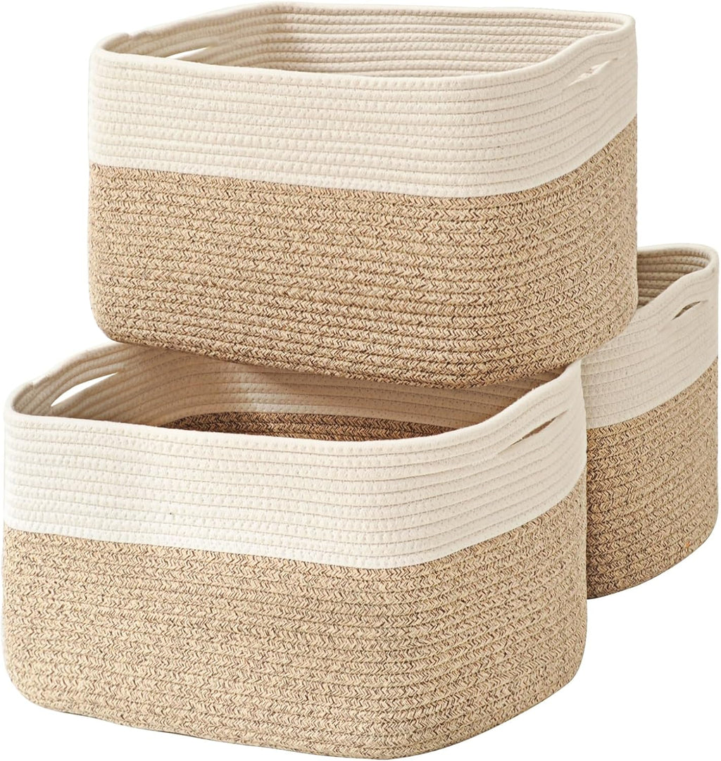 Large Storage Baskets for Organizing Shelves, Woven Cotton Rope Bins for Baby Nursery Organization, Book Toy Towel Organizer, 17"x13"x9.5", 3 Packs, Off White & Brown