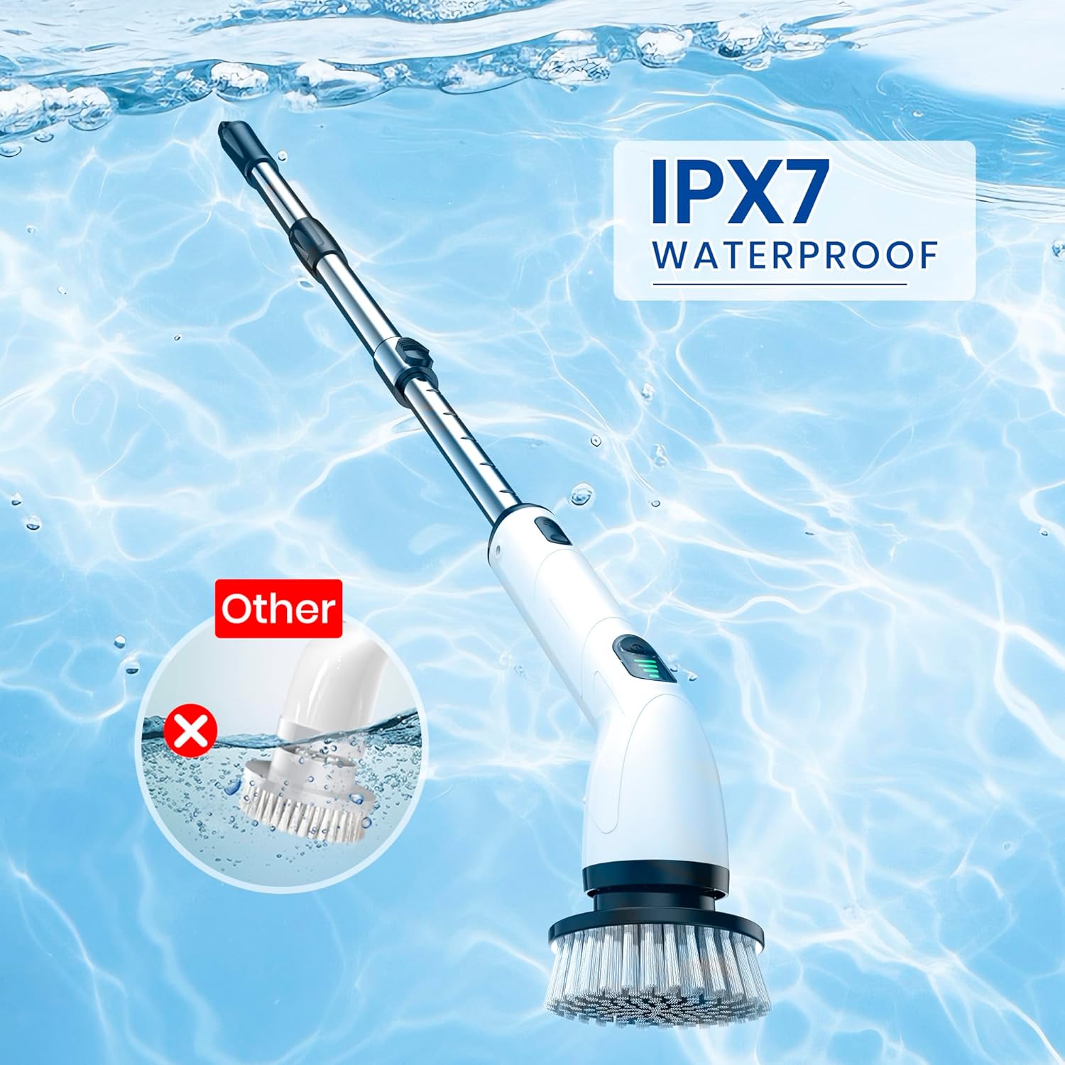Electric Spin Scrubber, Full-Body IPX7 Waterproof Cordless Shower Scrubber with 8 Replaceable Heads, Upgraded Extension Handle, 2H Work Time, 2 Speeds for Bathroom Shower Tile Glass