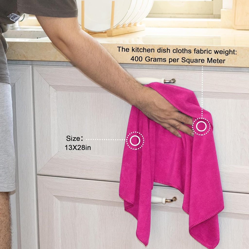 kimteny 13x28 Inches Kitchen Cloth Dish Towels, 400 GSM Premium Dishcloths, Super Absorbent Coral Velvet Microfiber Cleaning Cloths, Fast Drying Rags for Washing Dishes (6 Pack, Rose Red)
