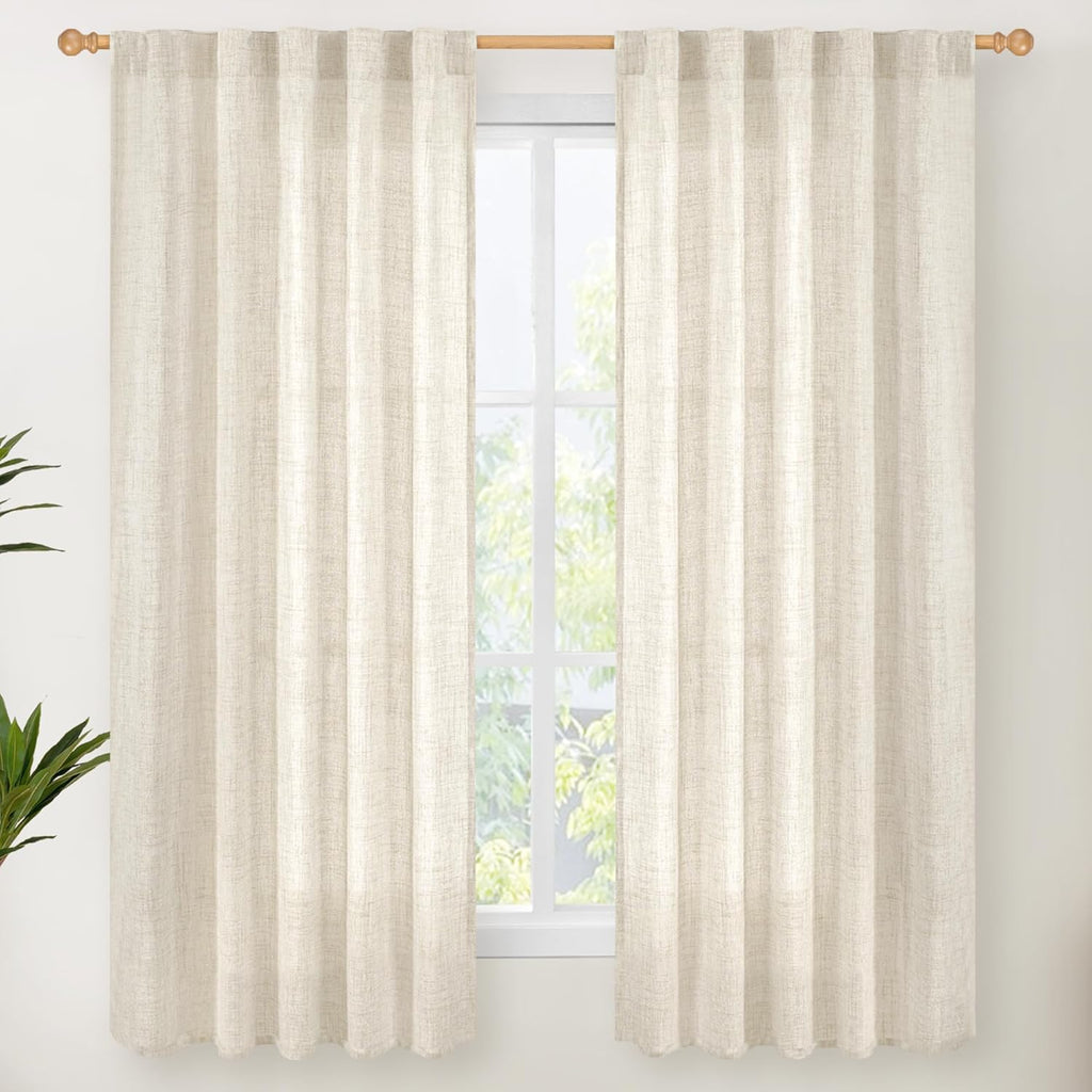 YoungsTex Linen Curtains 63 Inch Length for Living Room, Semi Sheer Window Drapes with Rod Pocket Back Tab Curtain Light Filtering for Bedroom Office, Linen, 2 Panels, 38 X 63 Inch