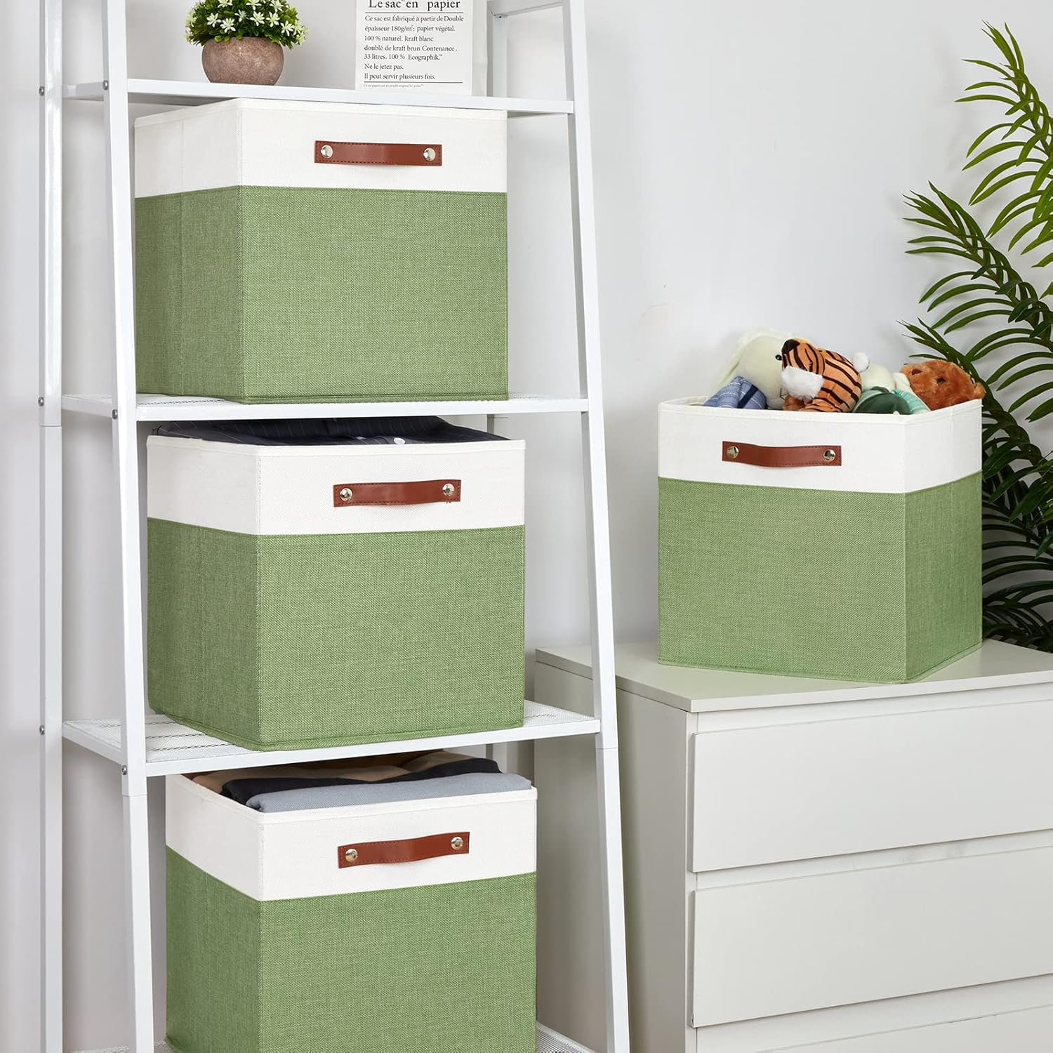 Temary 13 Inch Cube Storage Bin 4 Pack Fabric Storage Cubes Fabric Storage Bin for Shelf, Cube Storage Basket with Leather Handles(White&Green)
