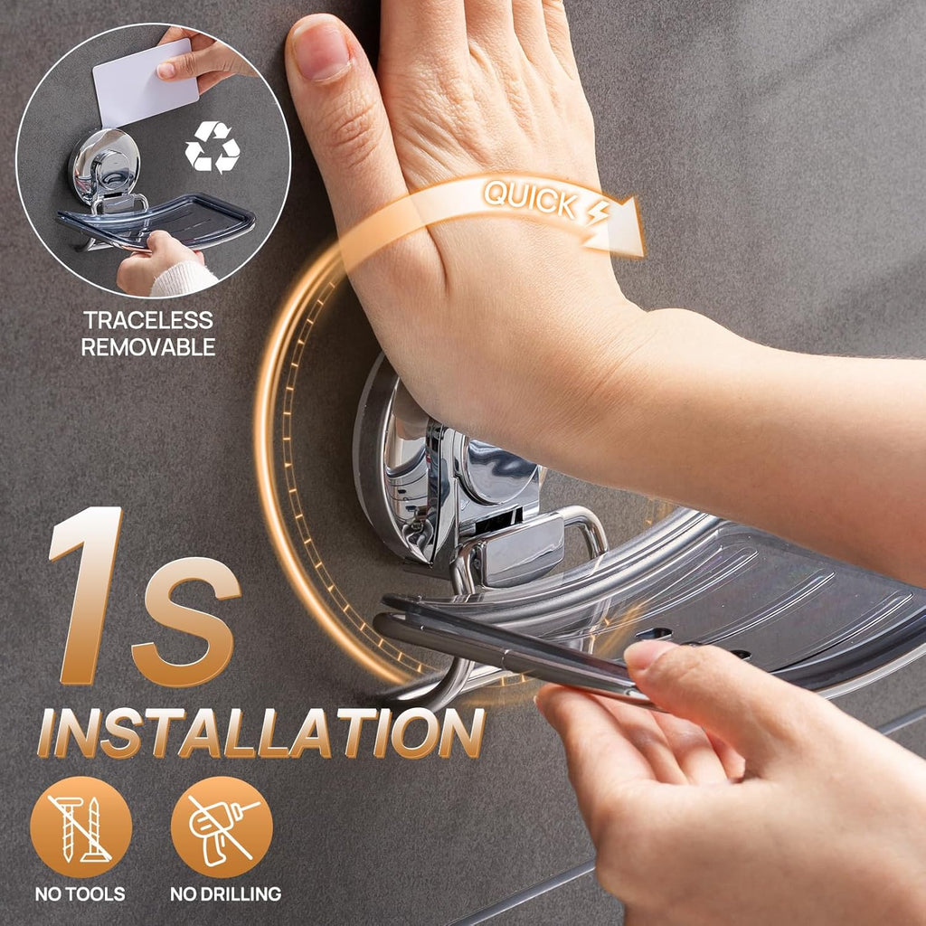 LEVERLOC Chrome Suction Cup Soap Dish Holder for Shower Wall Drill-Free Rustproof Waterproof Wall Mount Strong Suction Removable Bar Soap Sponge Holder for Bathroom Bathtub Kitchen