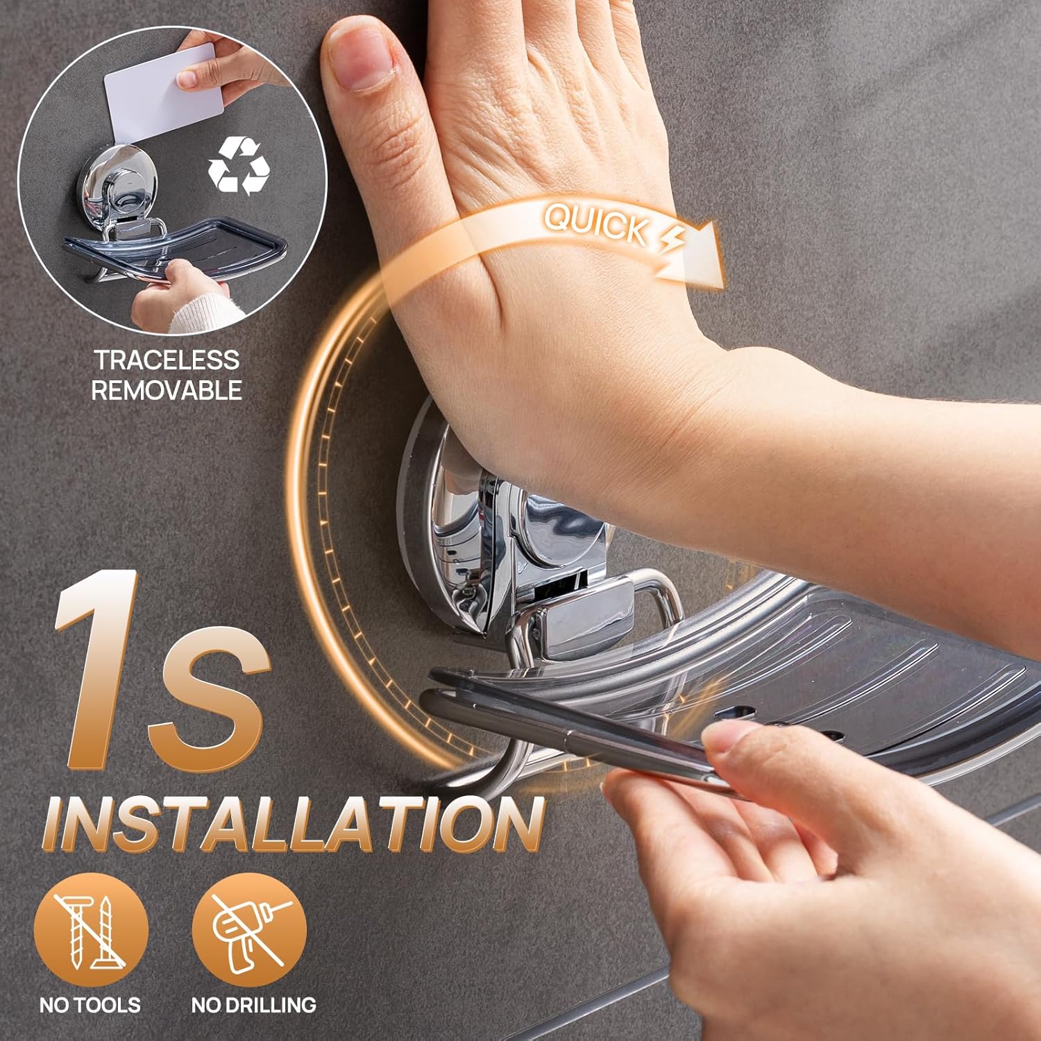 LEVERLOC Chrome Suction Cup Soap Dish Holder for Shower Wall Drill-Free Rustproof Waterproof Wall Mount Strong Suction Removable Bar Soap Sponge Holder for Bathroom Bathtub Kitchen