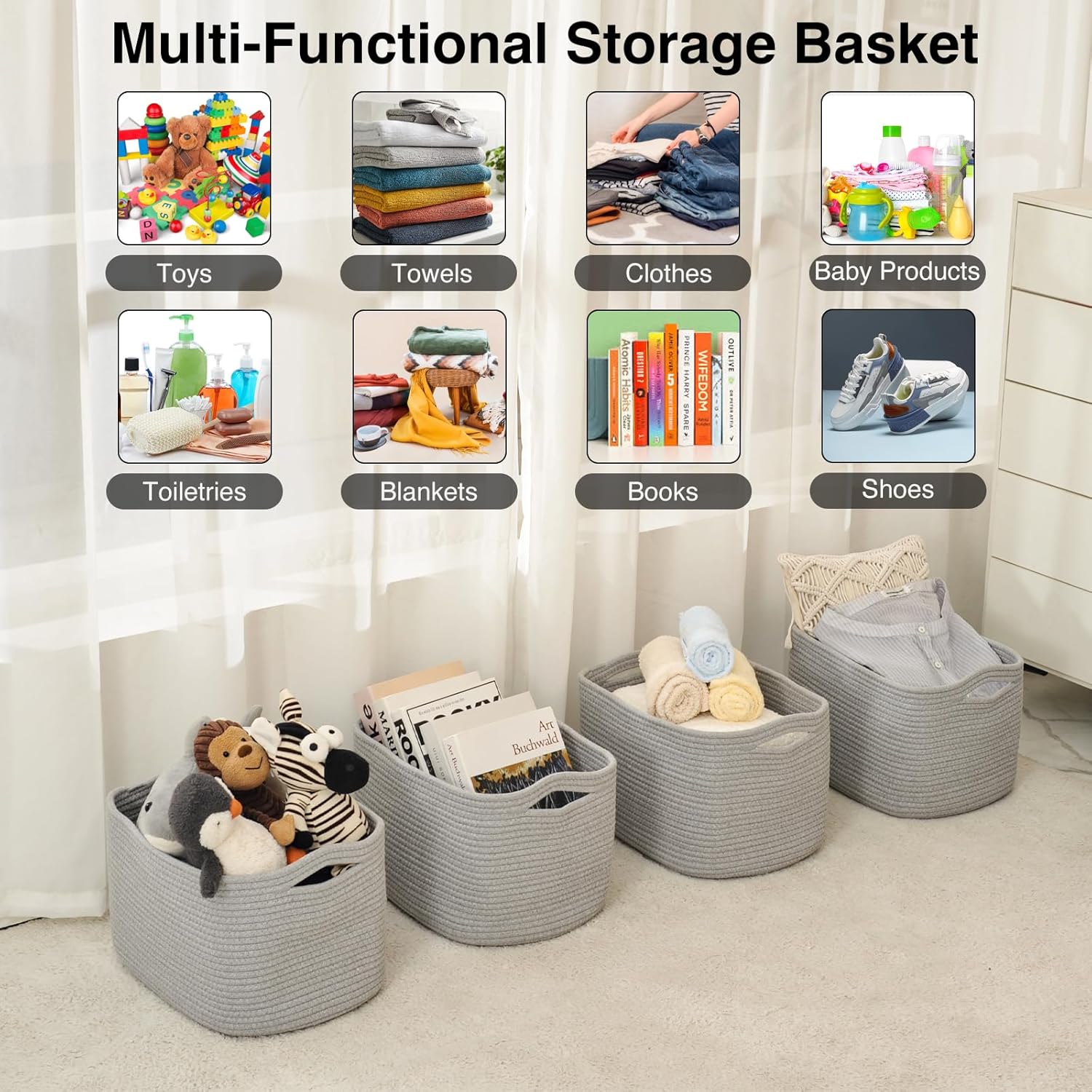 Storage Baskets for Organizing & Shelves, Woven Cotton Rope Organization Bins for Dog Toys, Clothes, Books, Nursery Organizer, 15" Lx11 Wx9.5 H, (4 Packs) Grey
