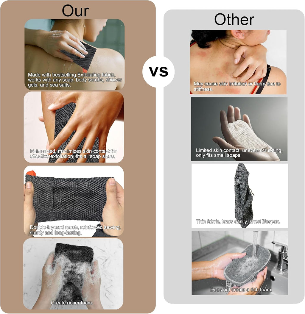 2 Pack Soap Bag Deep Roughness,Bar Soap Pouch Saver Pocket,Body Scrubber Shower Sponge Loofah,Exfoliating Bath Sponge (Black)